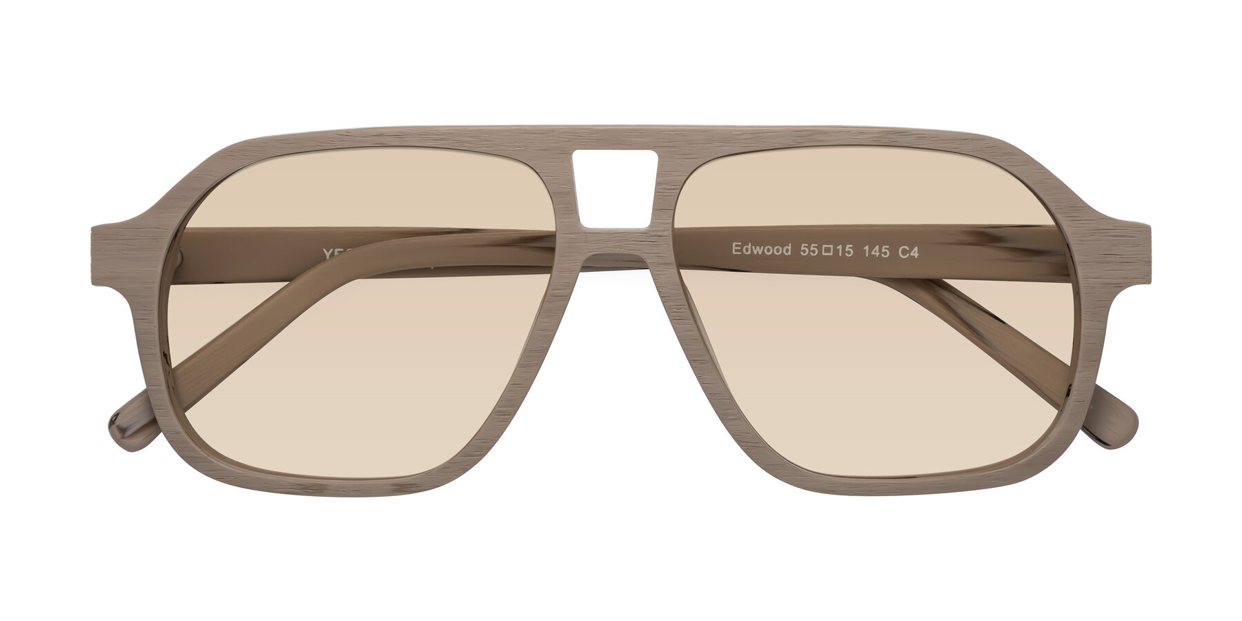 Folded Front of Edwood in Pale Mauve Woodgrain with Light Brown Tinted Lenses