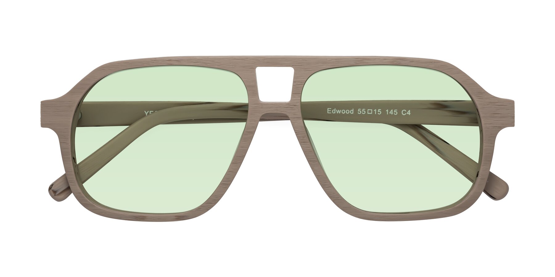 Folded Front of Edwood in Pale Mauve Woodgrain with Light Green Tinted Lenses