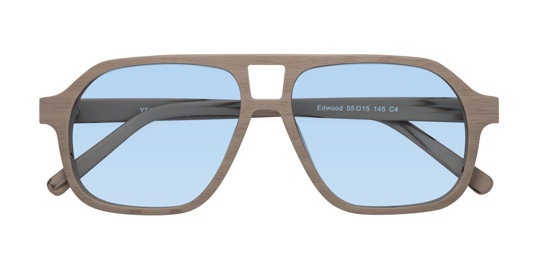 Folded Front of Edwood in Pale Mauve Woodgrain with Light Blue Tinted Lenses