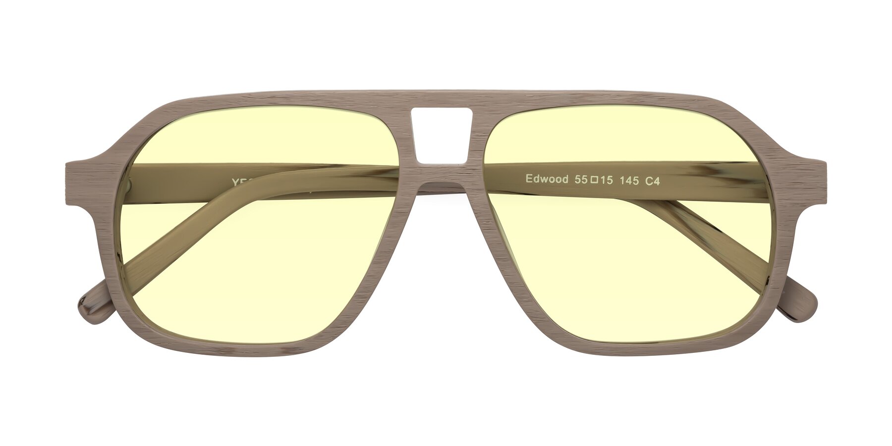 Folded Front of Edwood in Pale Mauve Woodgrain with Light Yellow Tinted Lenses