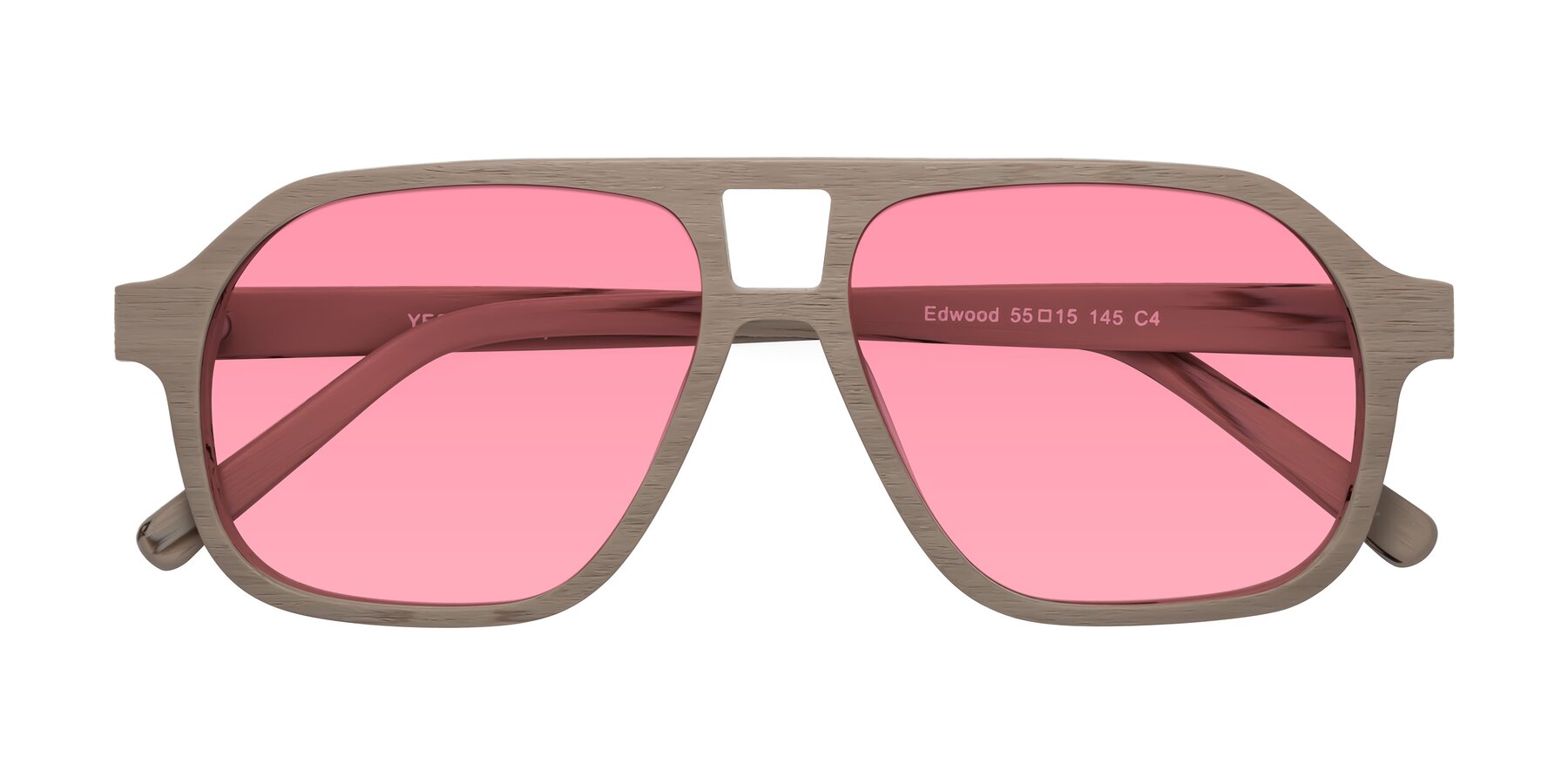 Folded Front of Edwood in Pale Mauve Woodgrain with Pink Tinted Lenses