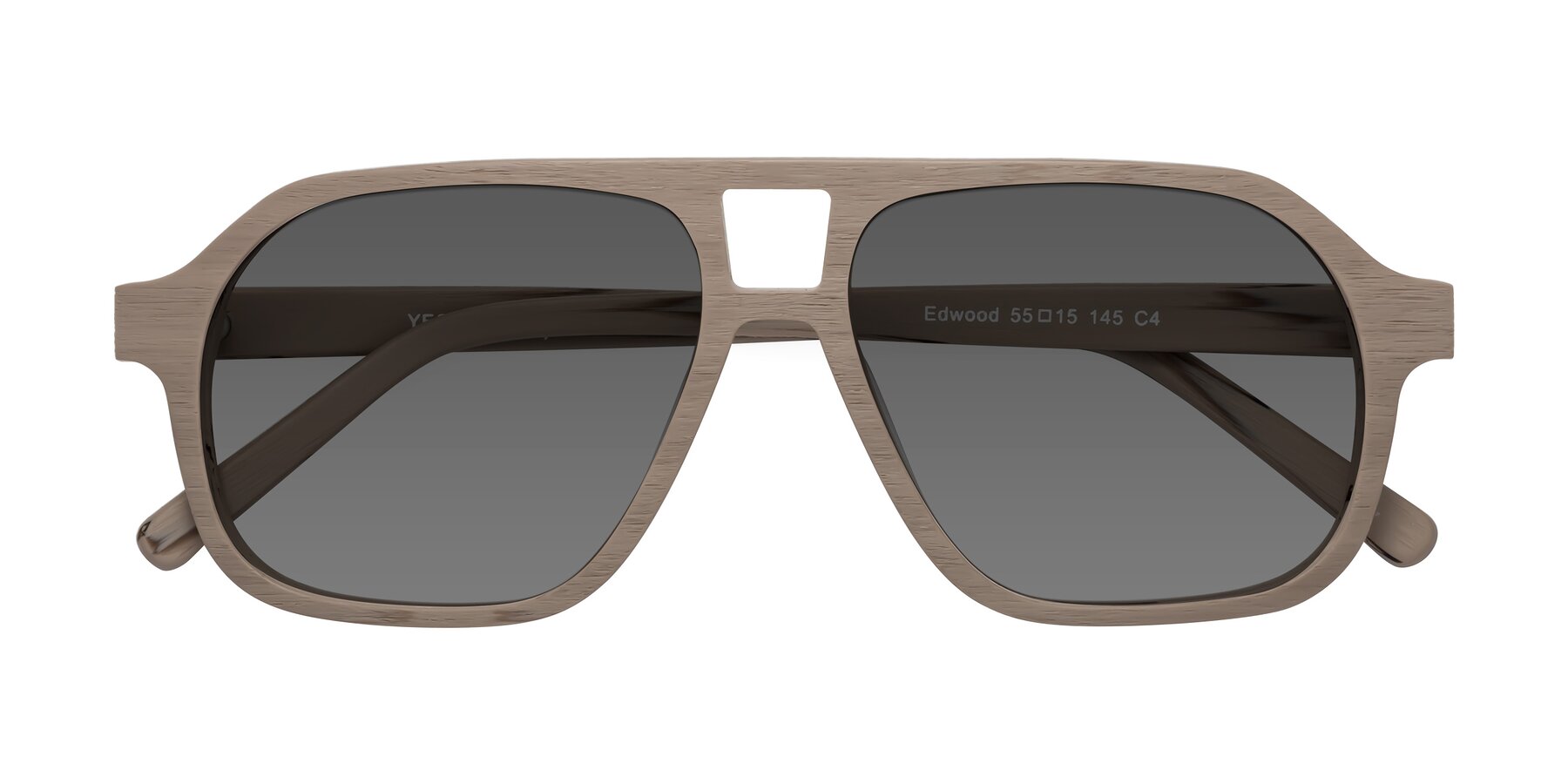 Folded Front of Edwood in Pale Mauve Woodgrain with Medium Gray Tinted Lenses