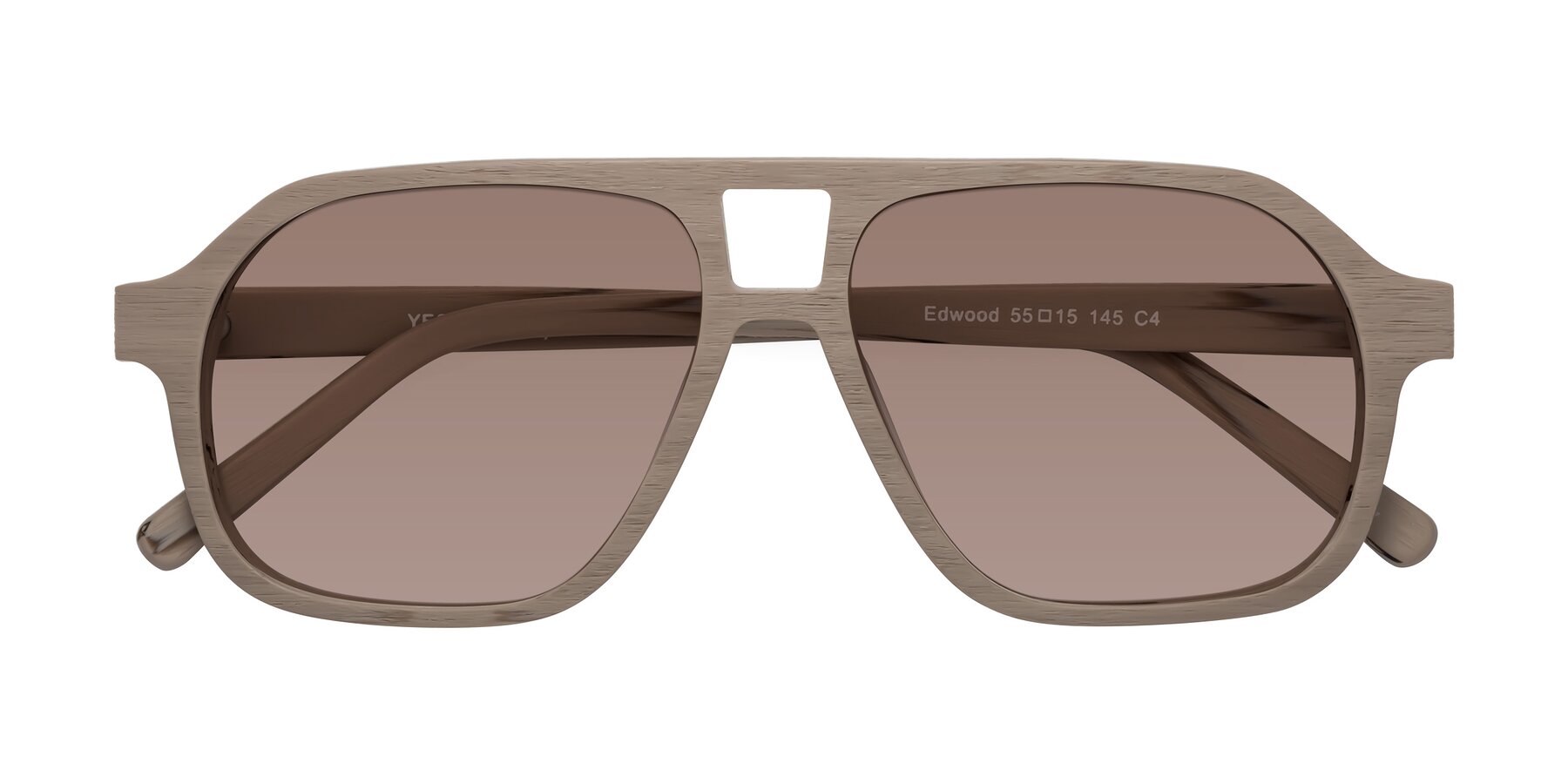 Folded Front of Edwood in Pale Mauve Woodgrain with Medium Brown Tinted Lenses