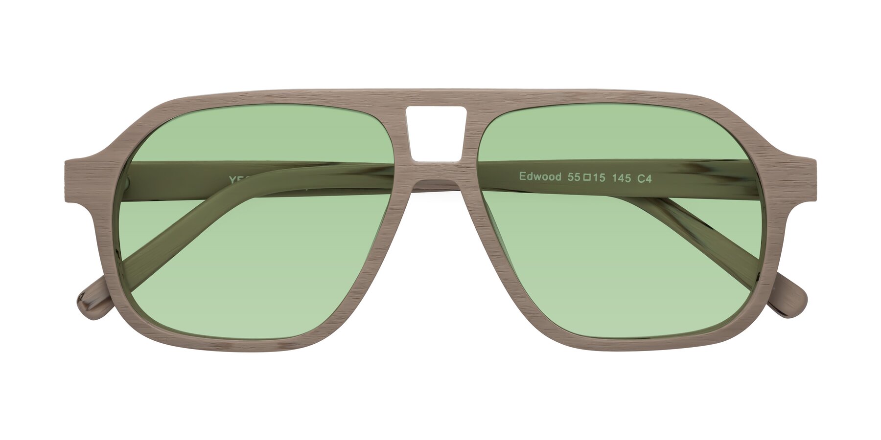 Folded Front of Edwood in Pale Mauve Woodgrain with Medium Green Tinted Lenses