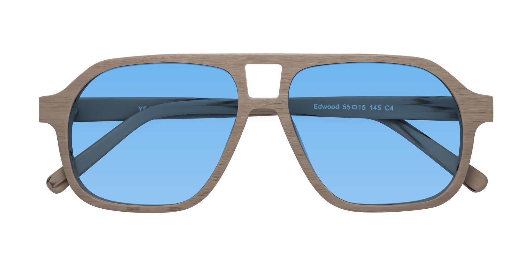 Folded Front of Edwood in Pale Mauve Woodgrain with Medium Blue Tinted Lenses