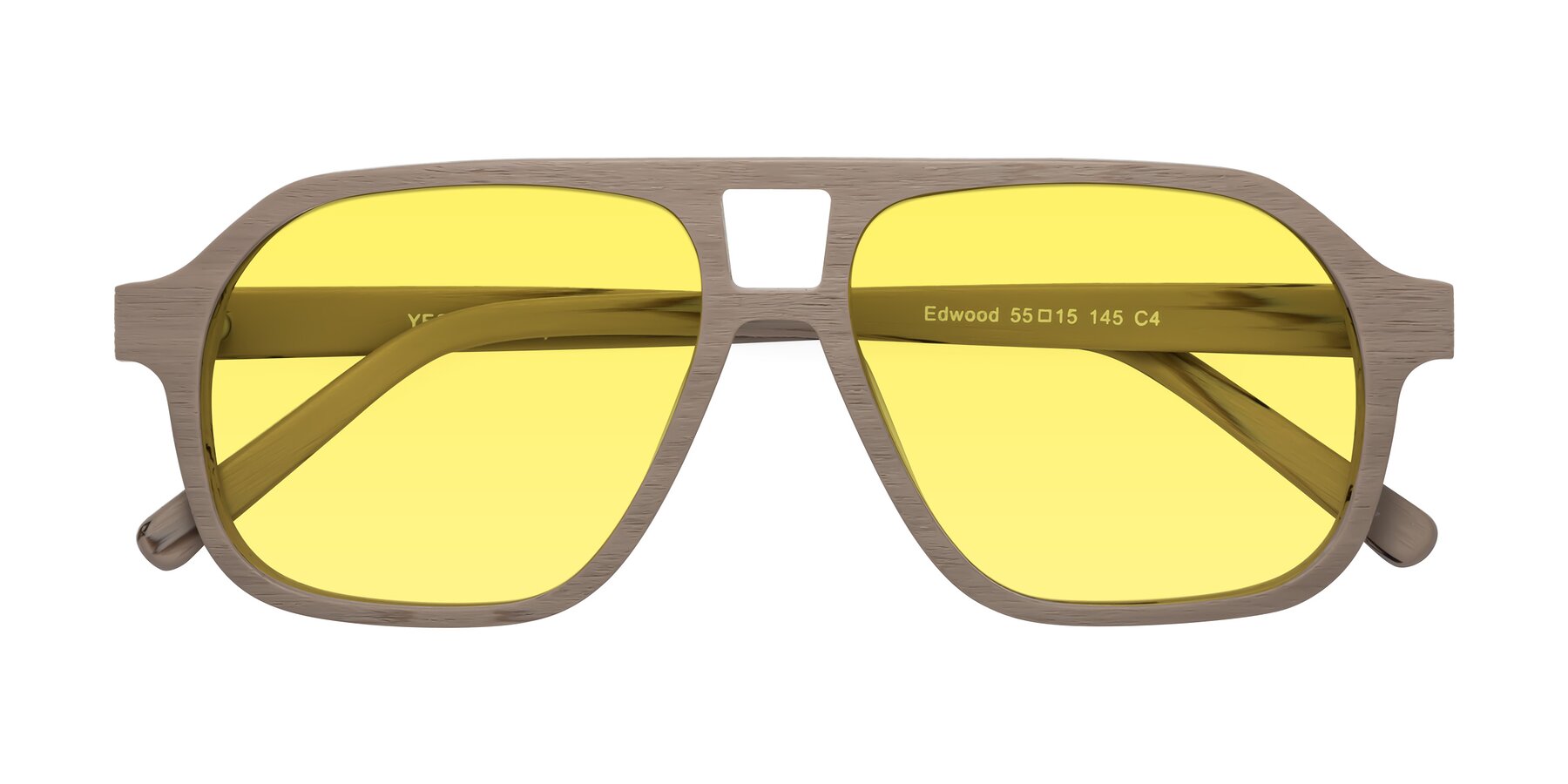 Folded Front of Edwood in Pale Mauve Woodgrain with Medium Yellow Tinted Lenses