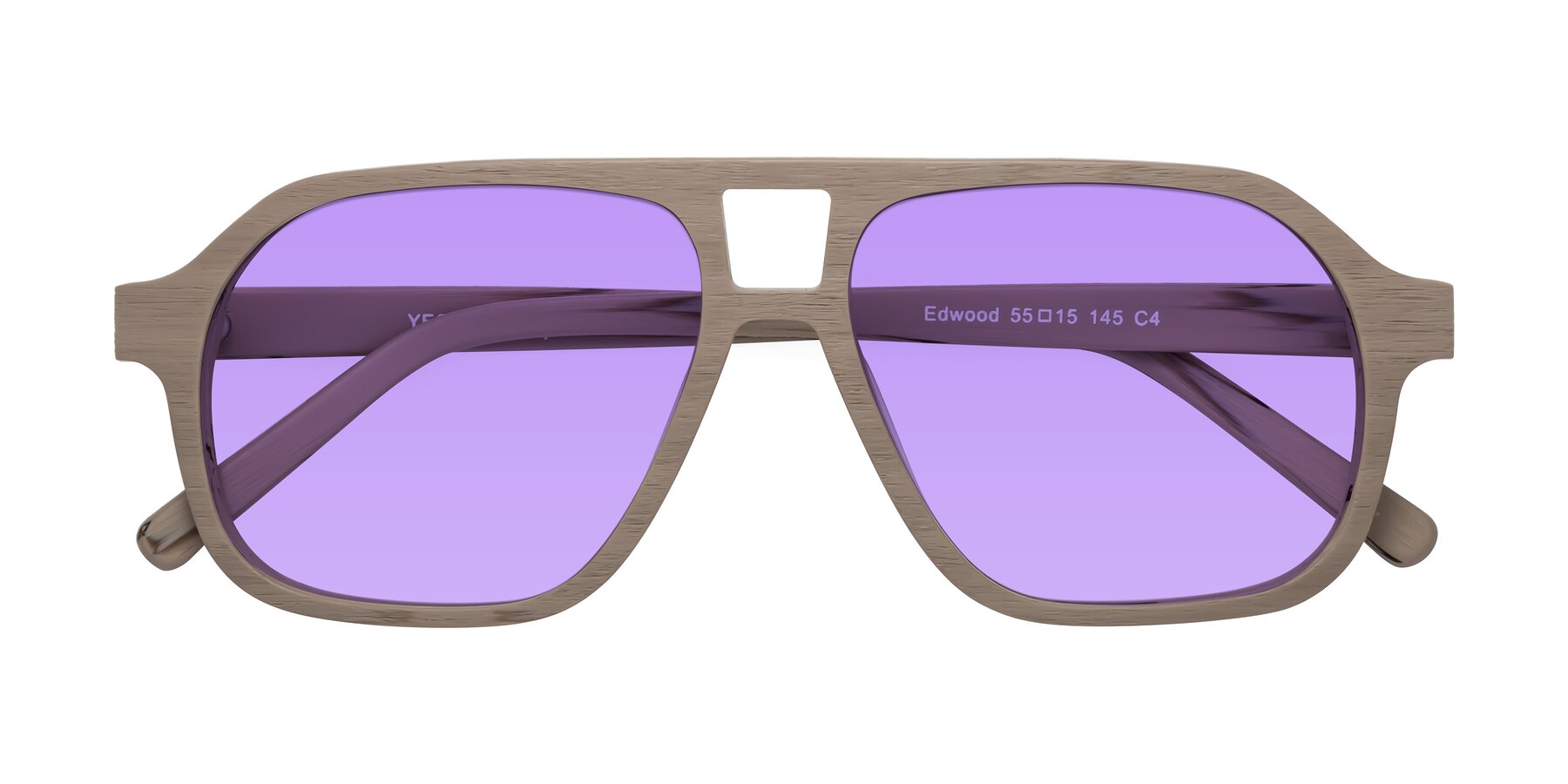 Folded Front of Edwood in Pale Mauve Woodgrain with Medium Purple Tinted Lenses