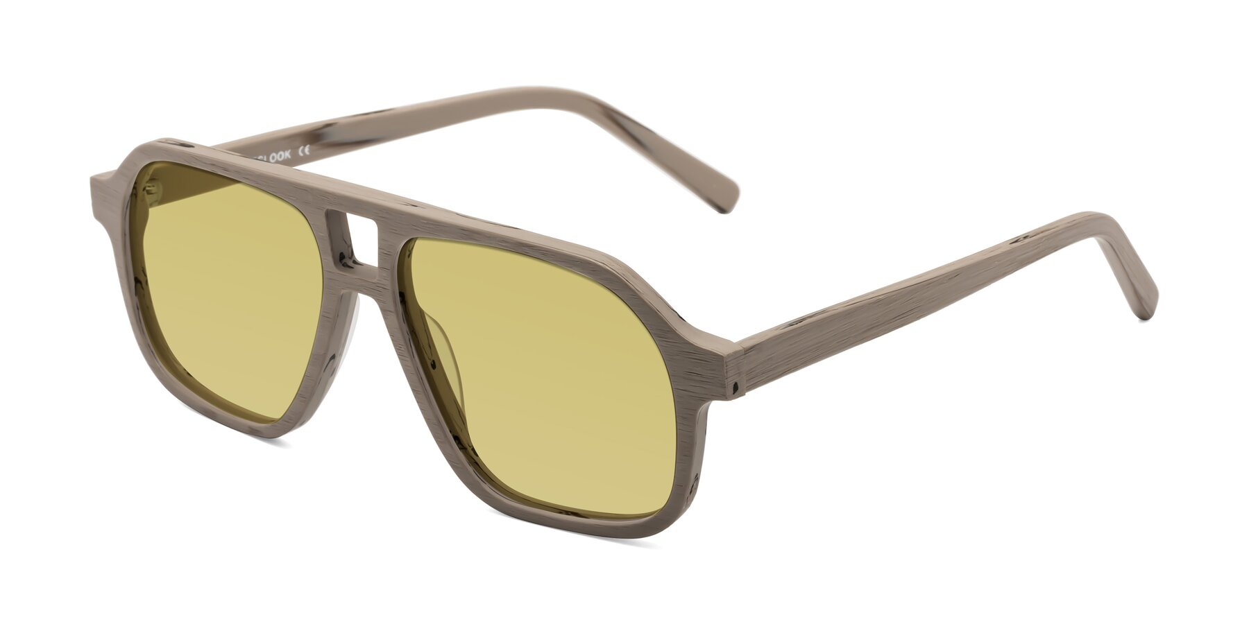 Angle of Edwood in Pale Mauve Woodgrain with Medium Champagne Tinted Lenses