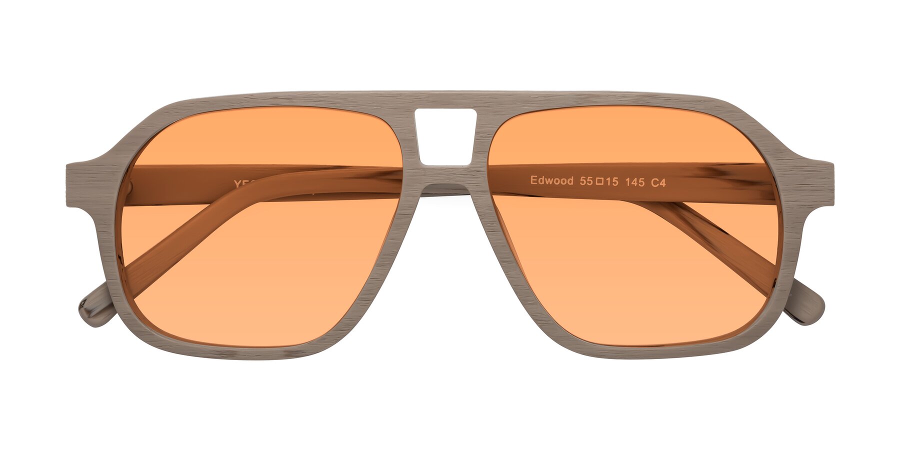 Folded Front of Edwood in Pale Mauve Woodgrain with Medium Orange Tinted Lenses