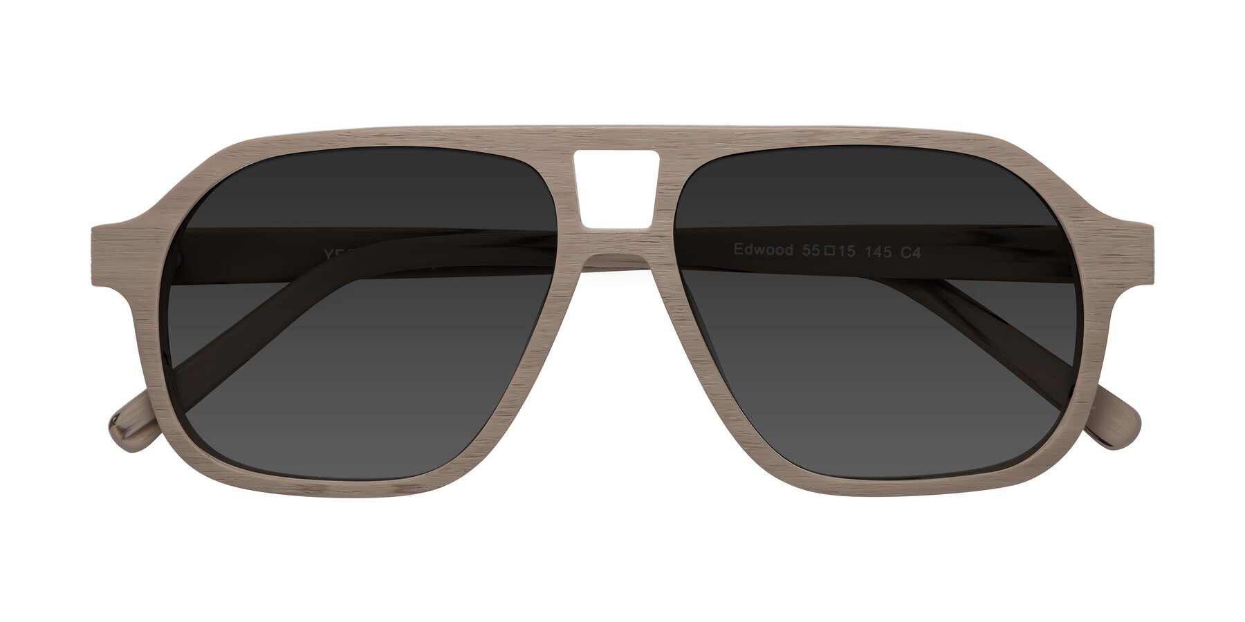 Folded Front of Edwood in Pale Mauve Woodgrain with Gray Tinted Lenses