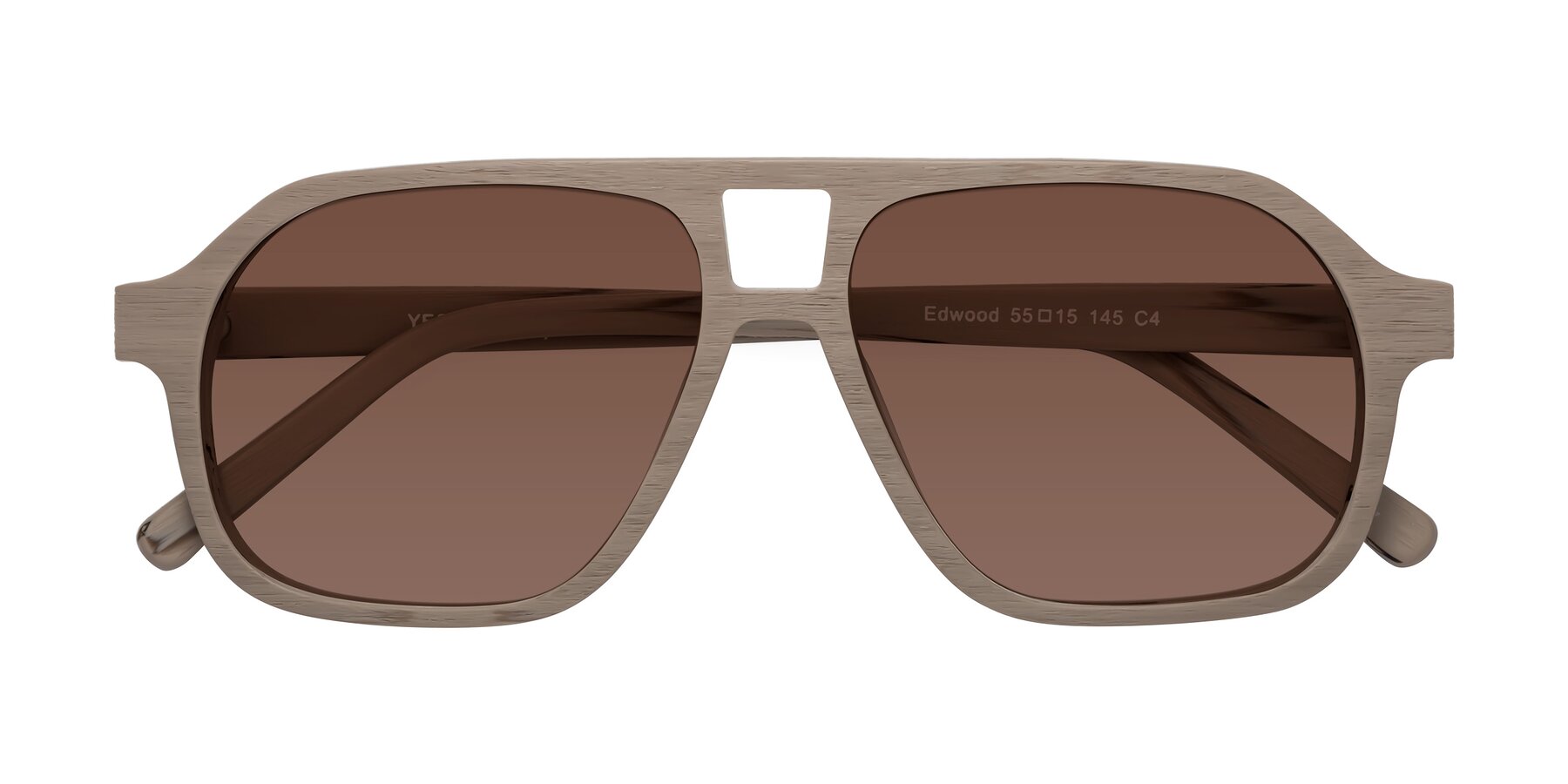 Folded Front of Edwood in Pale Mauve Woodgrain with Brown Tinted Lenses