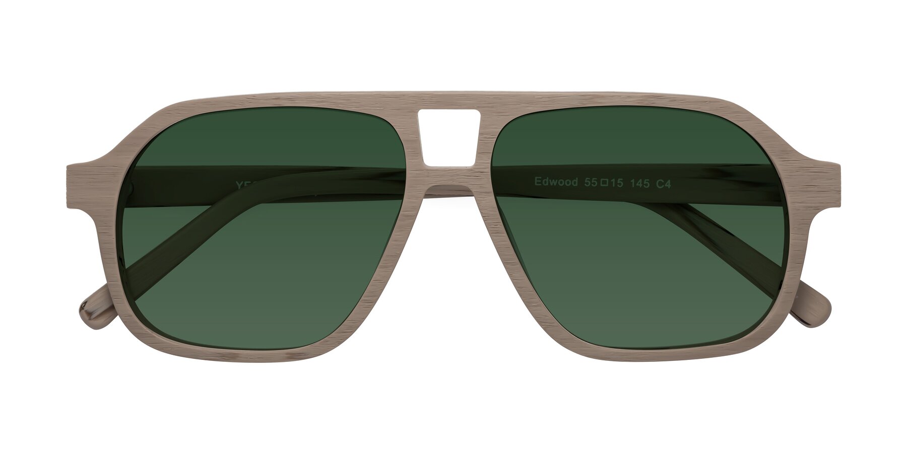 Folded Front of Edwood in Pale Mauve Woodgrain with Green Tinted Lenses