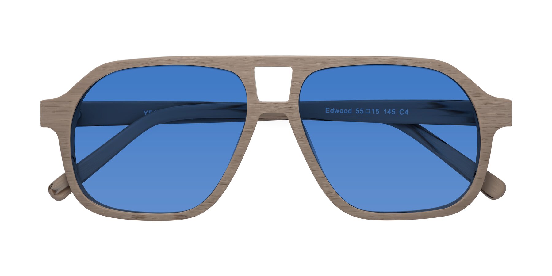 Folded Front of Edwood in Pale Mauve Woodgrain with Blue Tinted Lenses