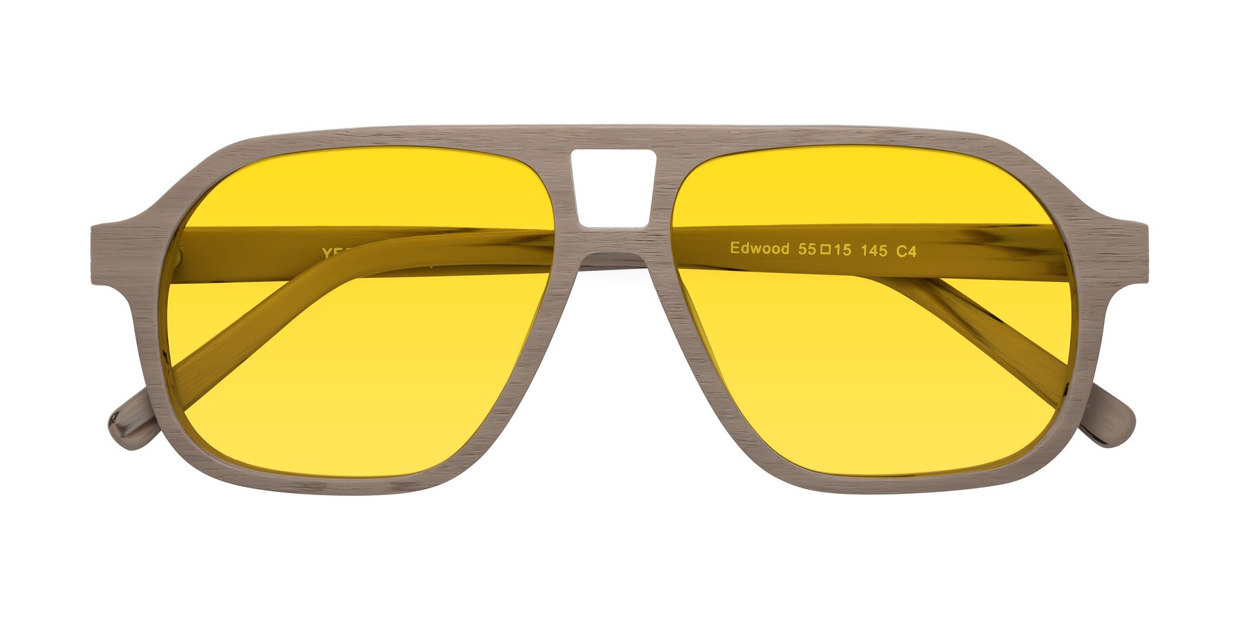 Folded Front of Edwood in Pale Mauve Woodgrain with Yellow Tinted Lenses