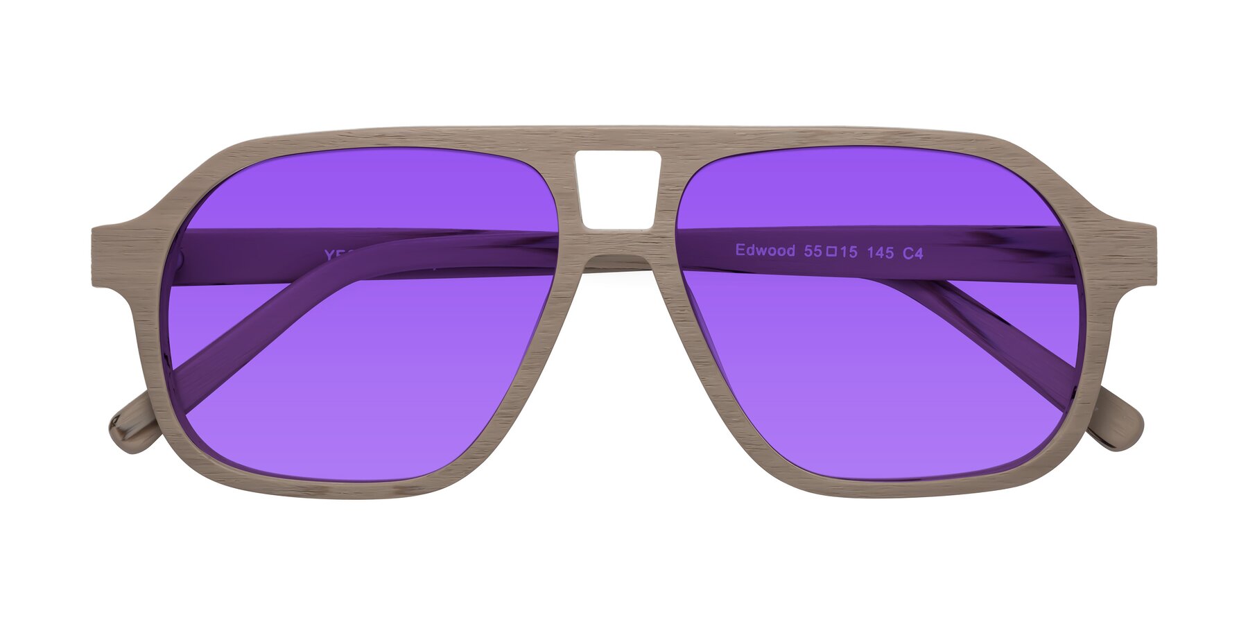 Folded Front of Edwood in Pale Mauve Woodgrain with Purple Tinted Lenses