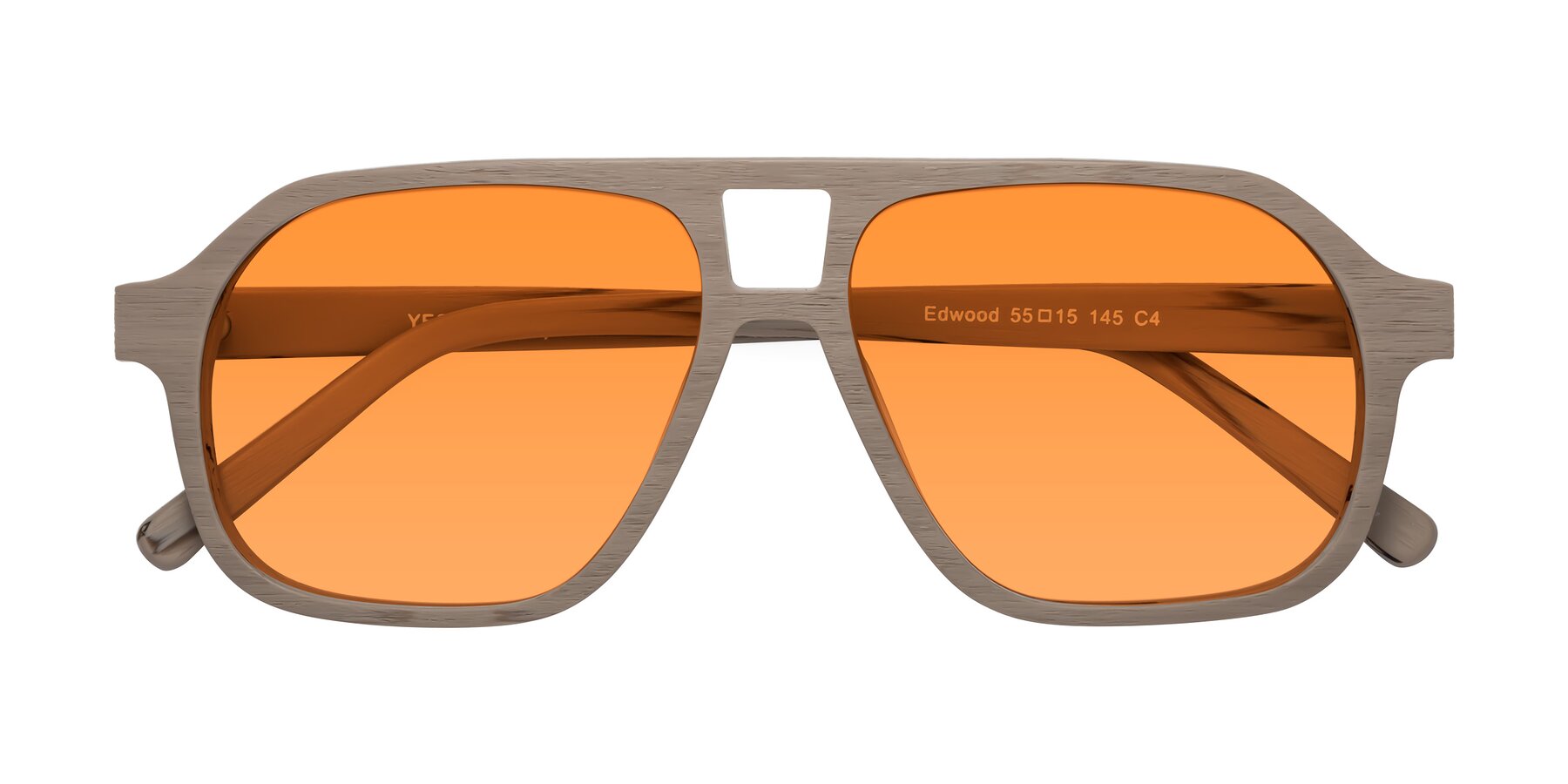 Folded Front of Edwood in Pale Mauve Woodgrain with Orange Tinted Lenses