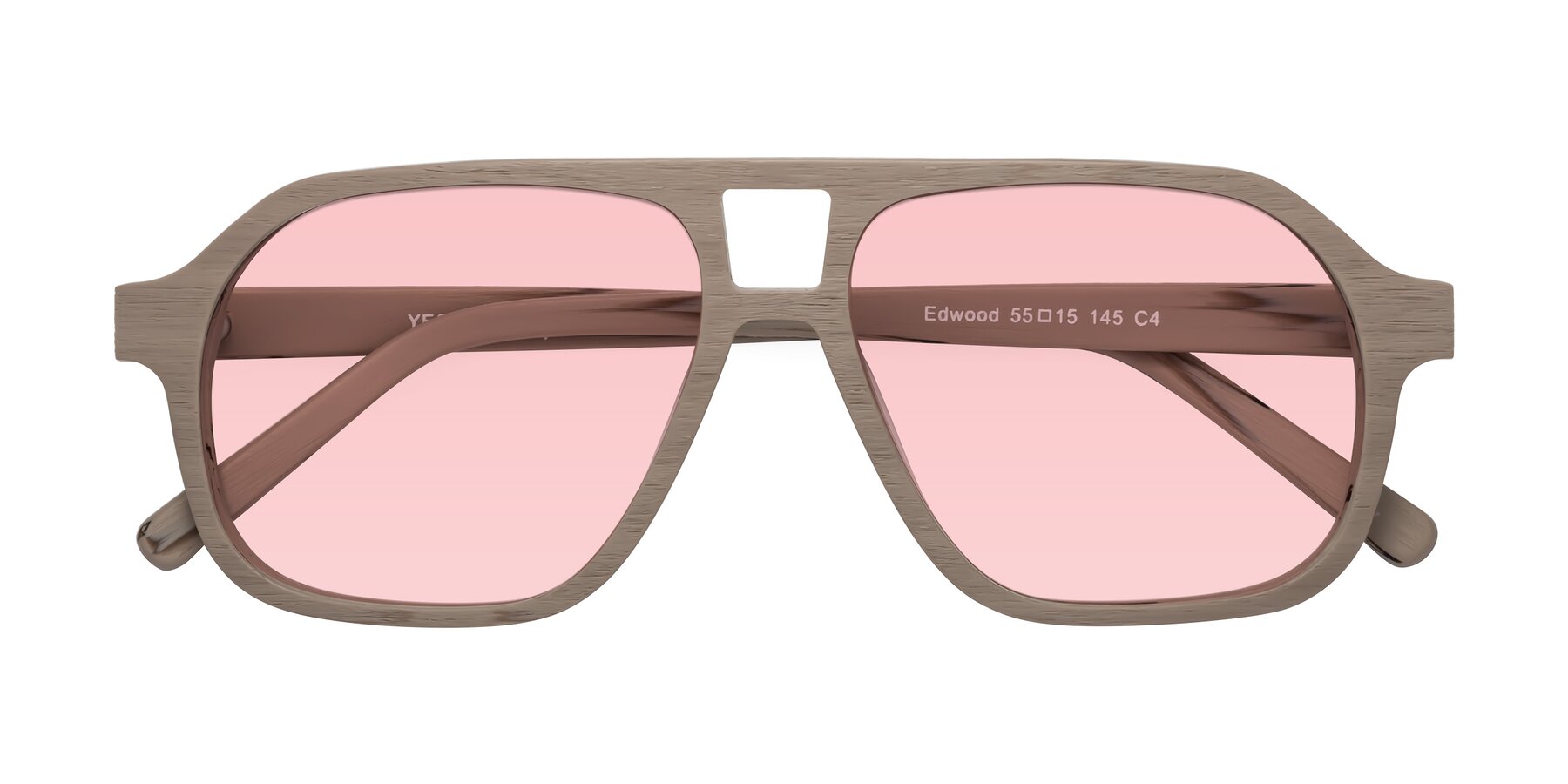 Folded Front of Edwood in Pale Mauve Woodgrain with Light Garnet Tinted Lenses