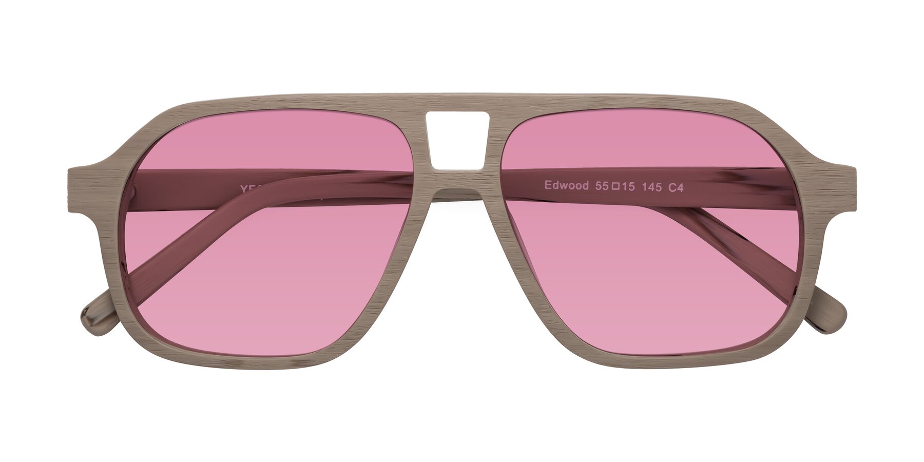 Folded Front of Edwood in Pale Mauve Woodgrain with Medium Wine Tinted Lenses