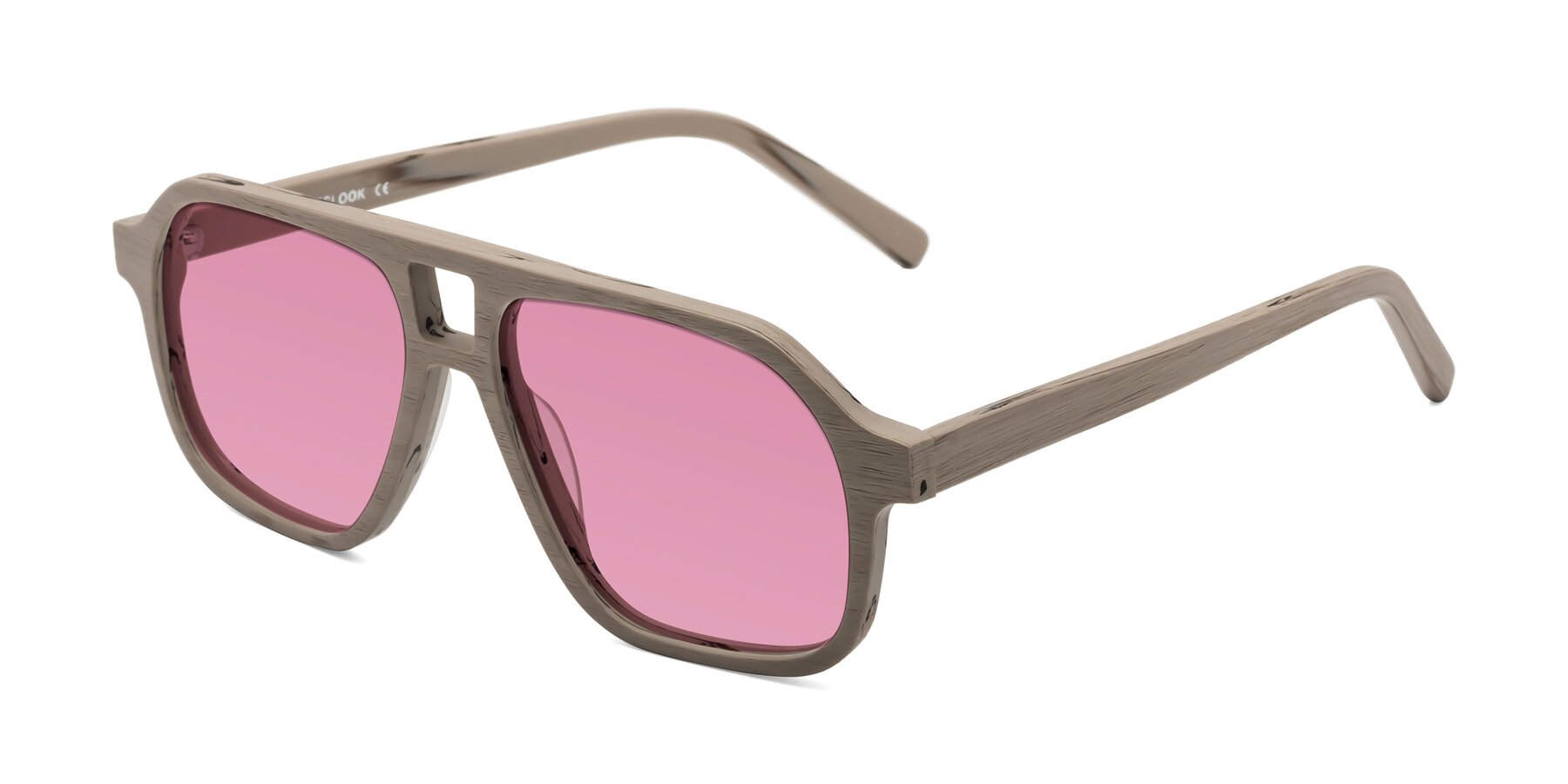 Angle of Edwood in Pale Mauve Woodgrain with Medium Wine Tinted Lenses