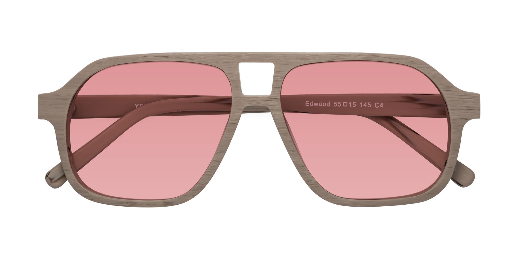 Folded Front of Edwood in Pale Mauve Woodgrain with Medium Garnet Tinted Lenses