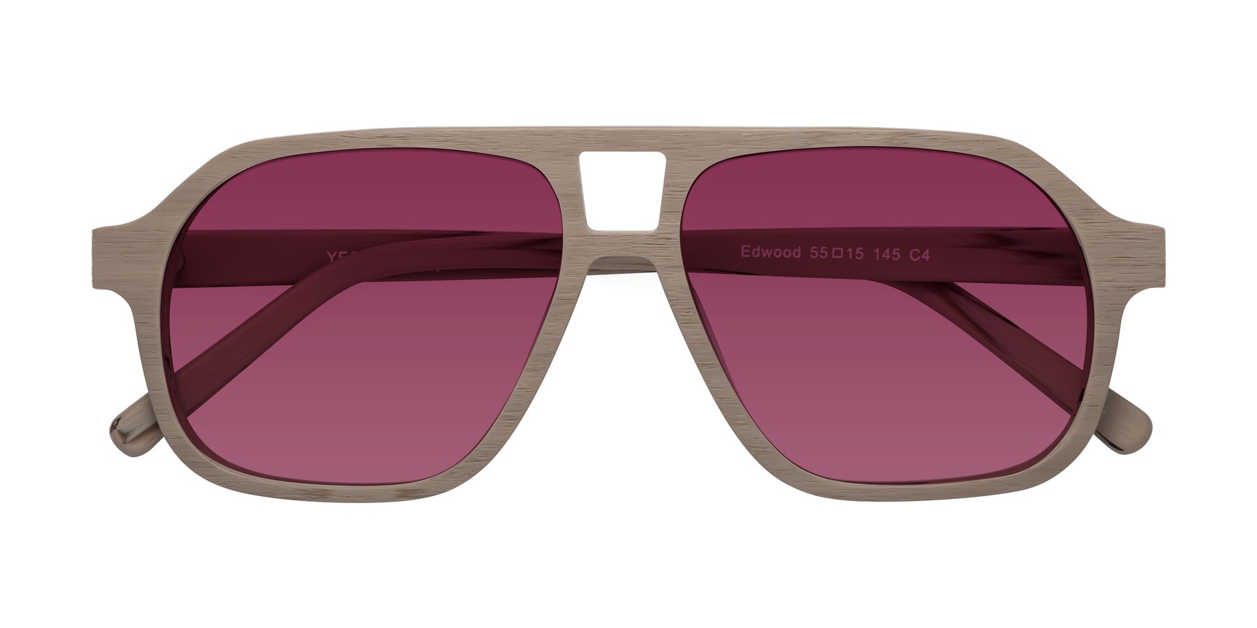 Folded Front of Edwood in Pale Mauve Woodgrain with Wine Tinted Lenses