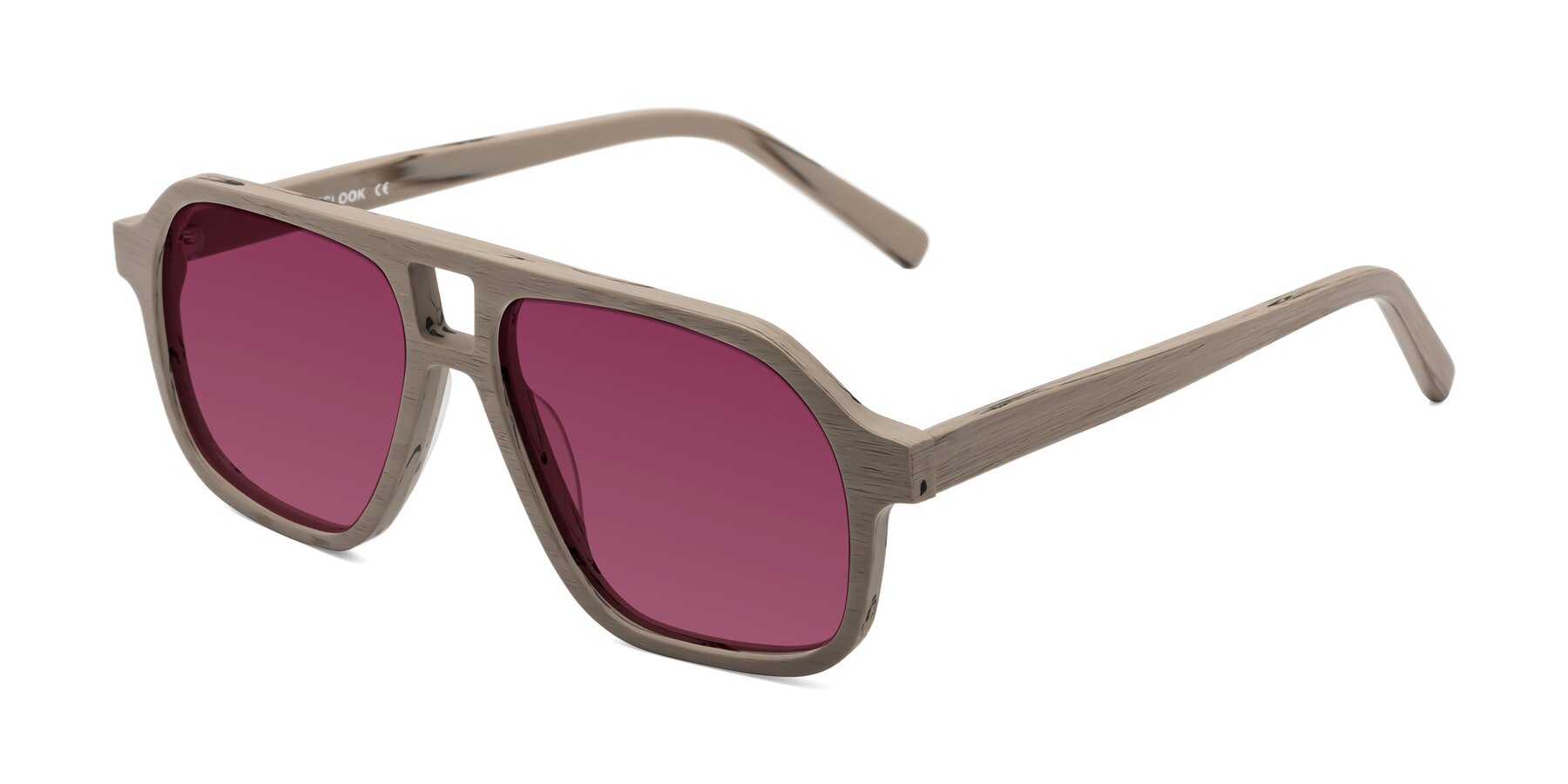 Angle of Edwood in Pale Mauve Woodgrain with Wine Tinted Lenses