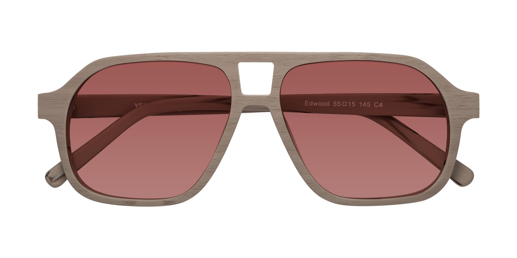 Folded Front of Edwood in Pale Mauve Woodgrain with Garnet Tinted Lenses