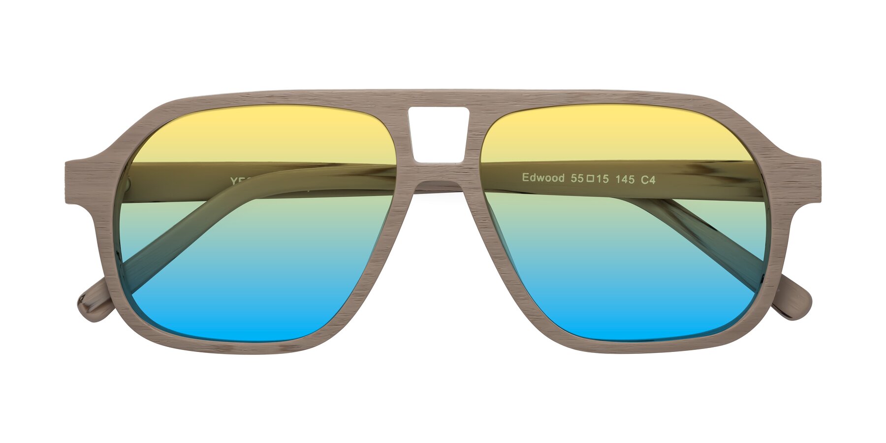 Folded Front of Edwood in Pale Mauve Woodgrain with Yellow / Blue Gradient Lenses