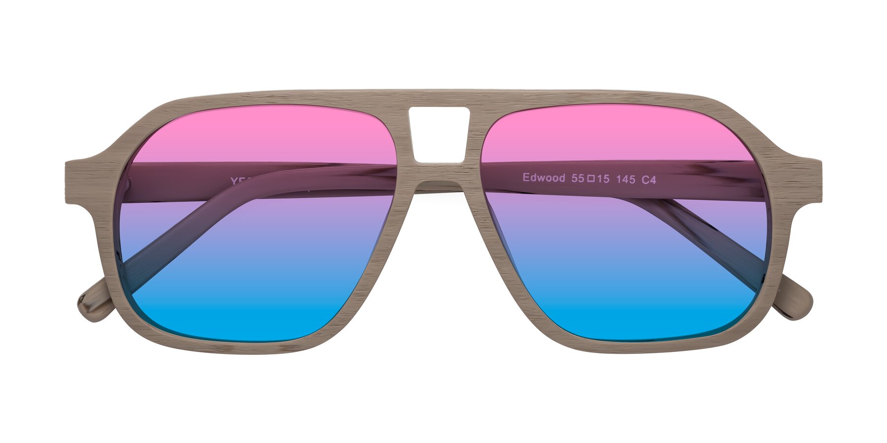 Folded Front of Edwood in Pale Mauve Woodgrain with Pink / Blue Gradient Lenses