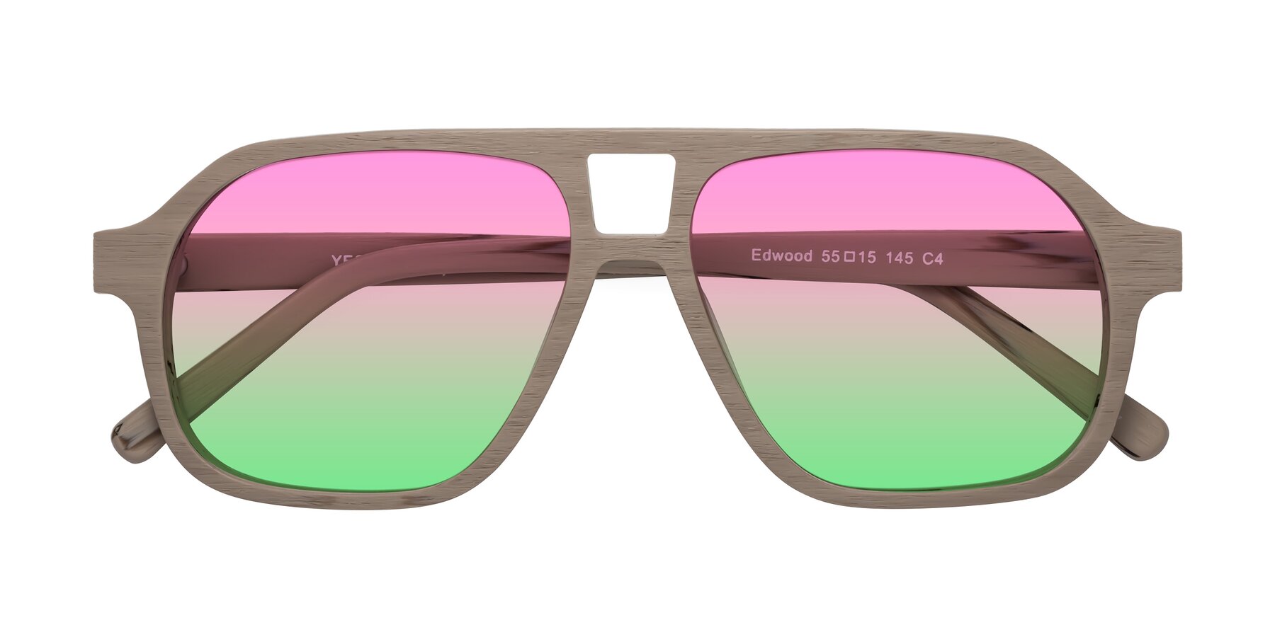 Folded Front of Edwood in Pale Mauve Woodgrain with Pink / Green Gradient Lenses