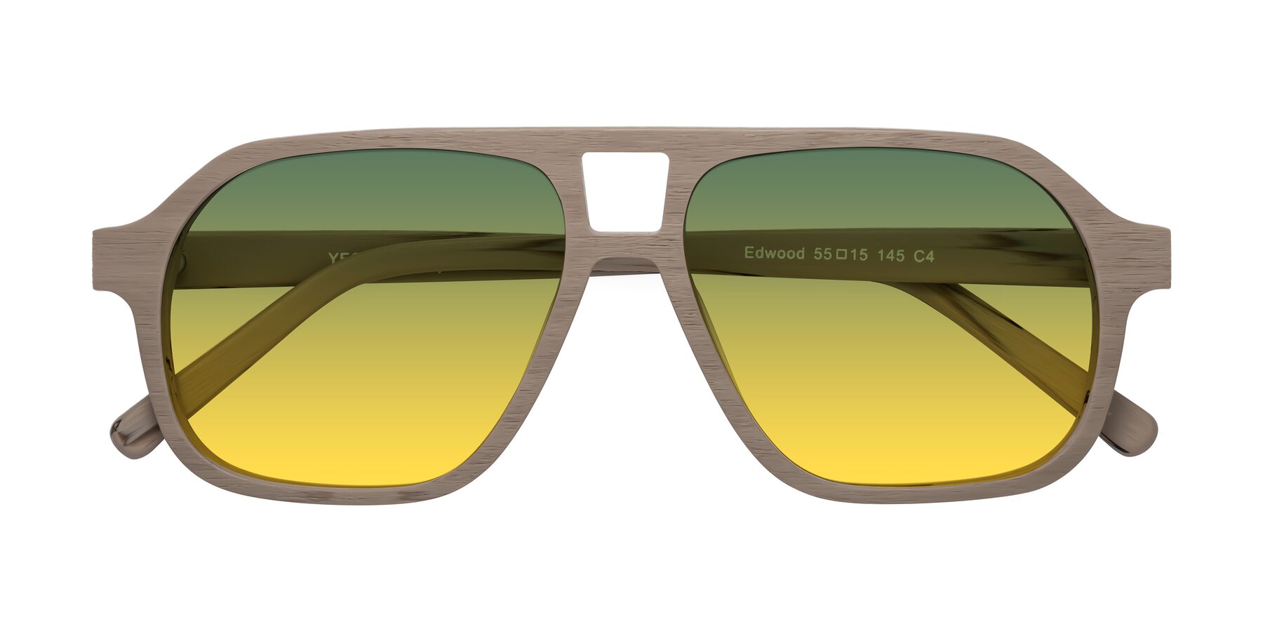 Folded Front of Edwood in Pale Mauve Woodgrain with Green / Yellow Gradient Lenses