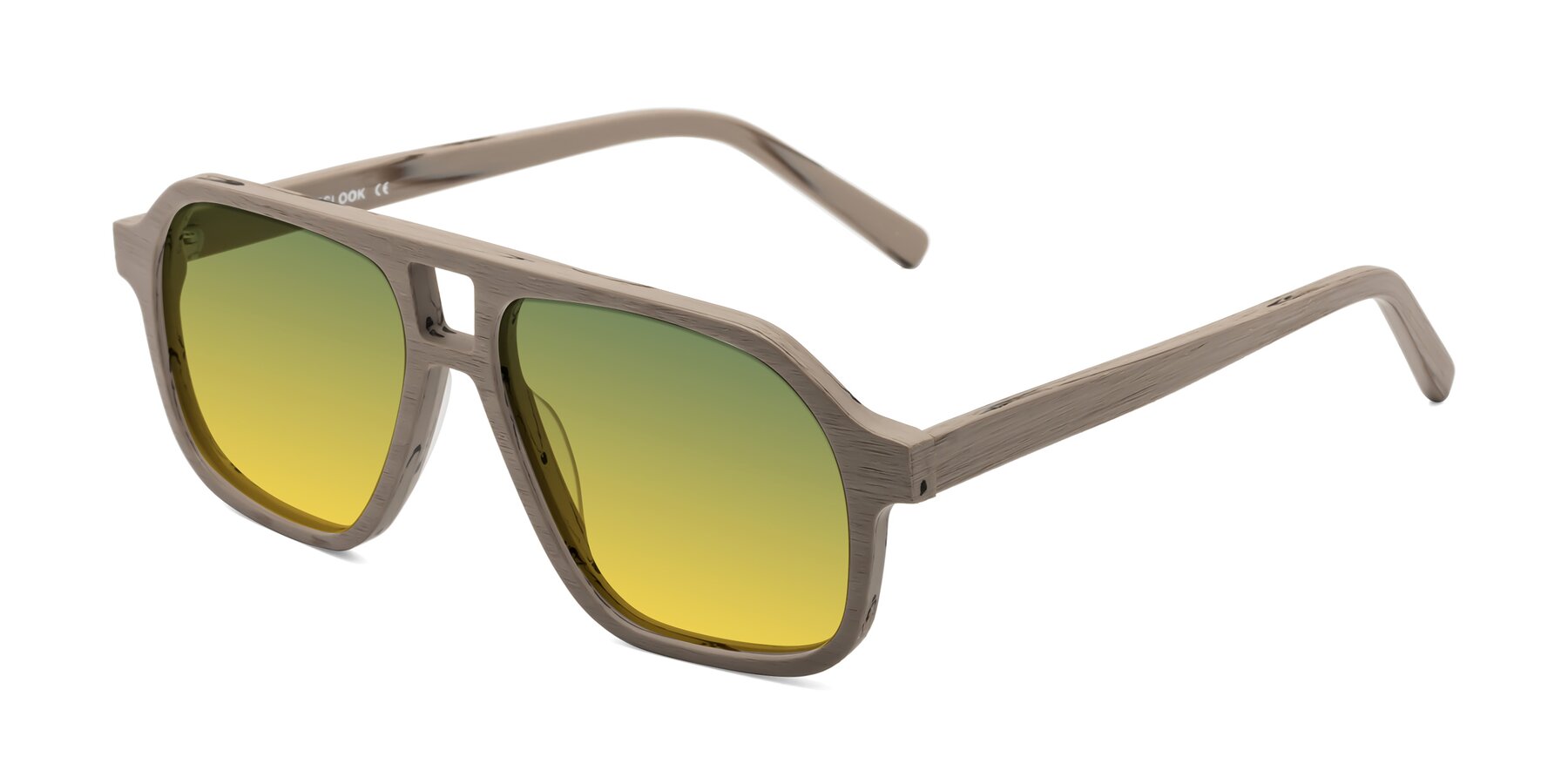 Angle of Edwood in Pale Mauve Woodgrain with Green / Yellow Gradient Lenses