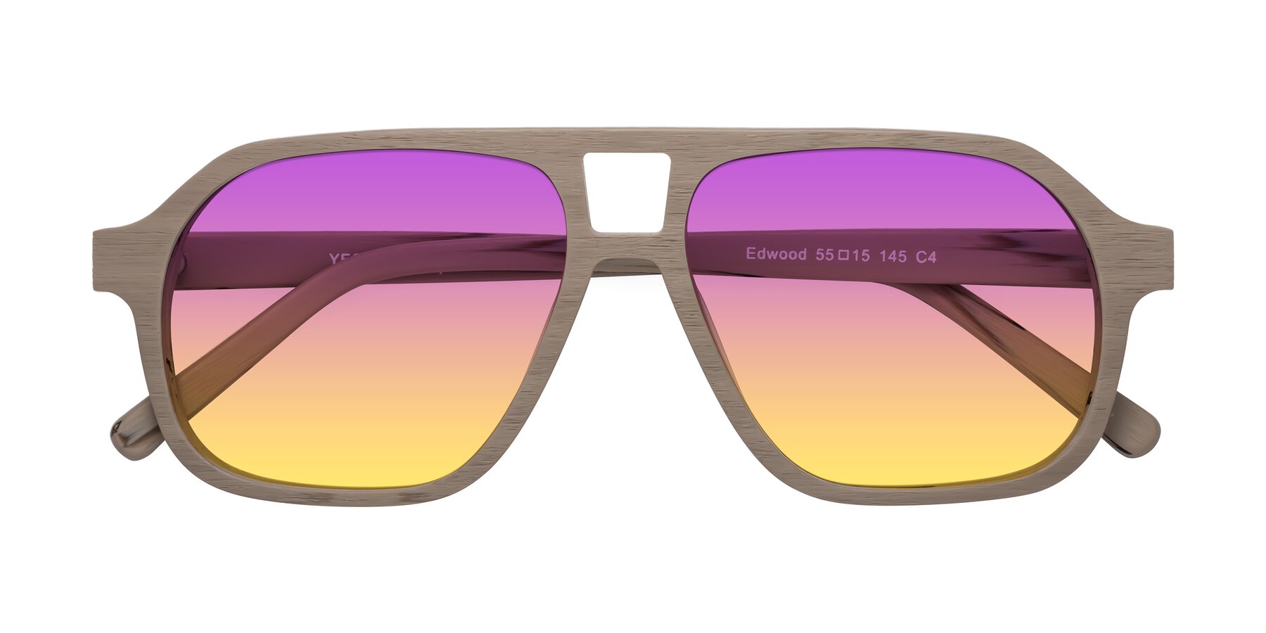 Folded Front of Edwood in Pale Mauve Woodgrain with Purple / Yellow Gradient Lenses