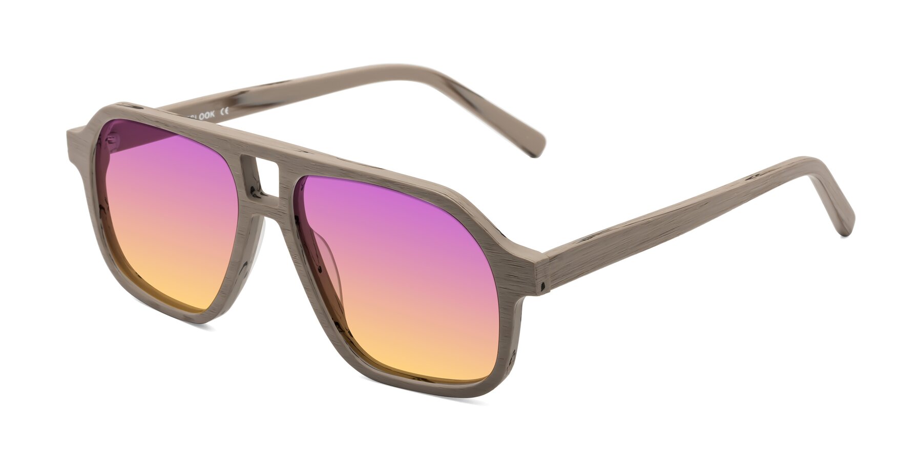 Angle of Edwood in Pale Mauve Woodgrain with Purple / Yellow Gradient Lenses