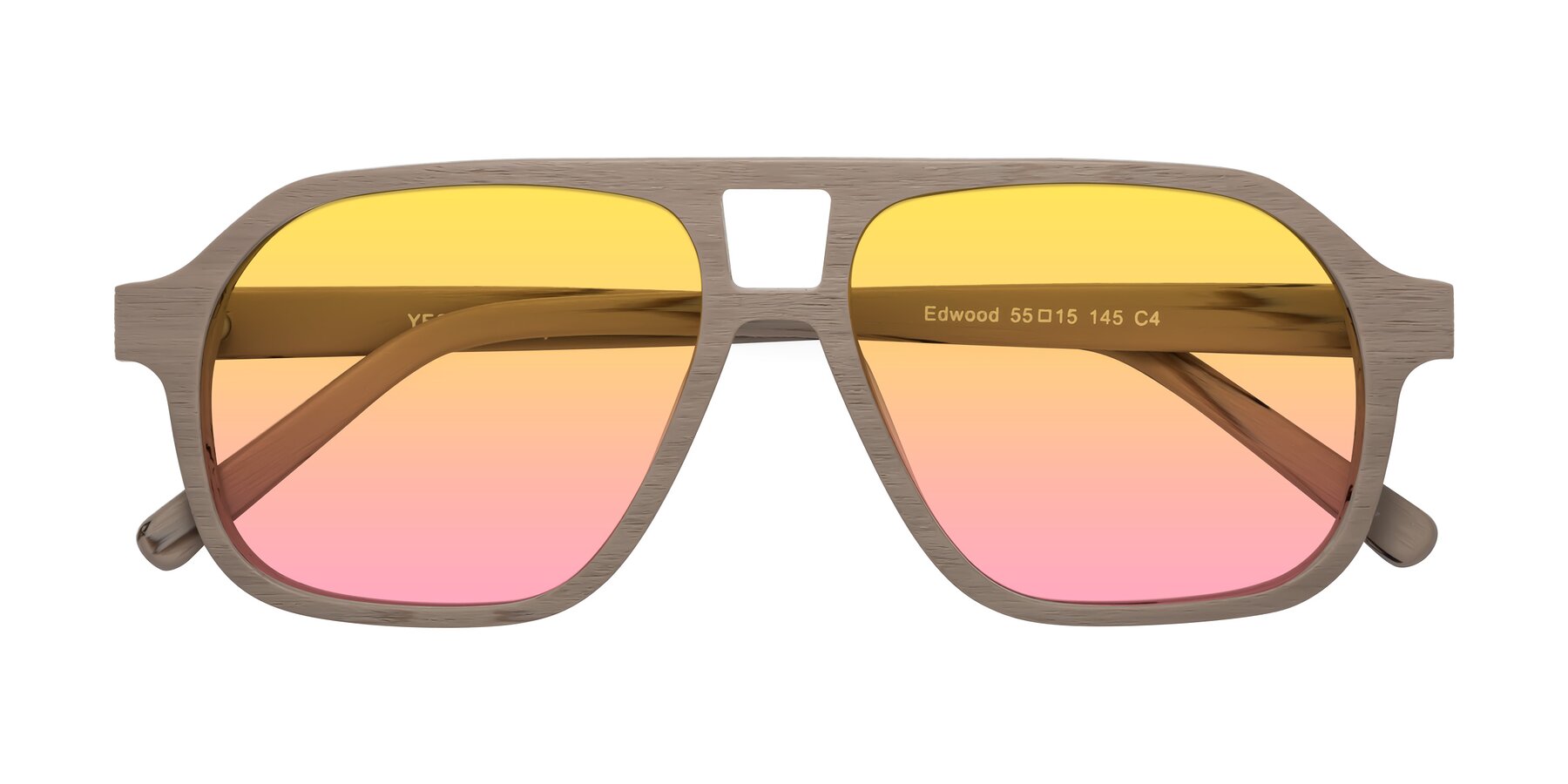 Folded Front of Edwood in Pale Mauve Woodgrain with Yellow / Pink Gradient Lenses