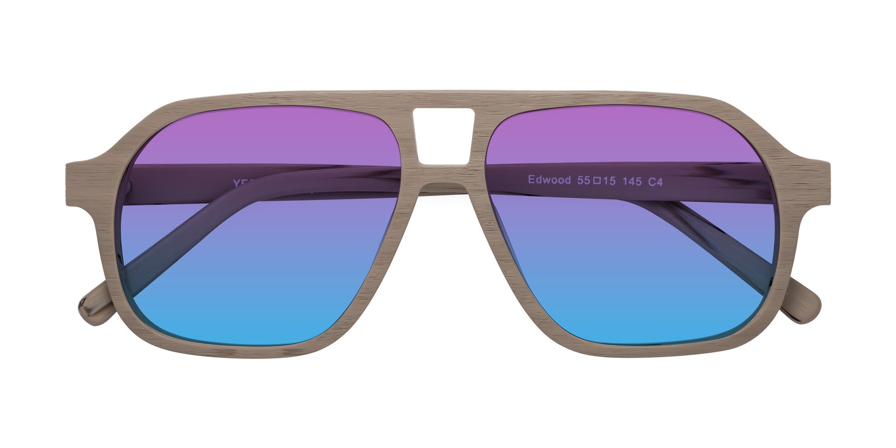 Folded Front of Edwood in Pale Mauve Woodgrain with Purple / Blue Gradient Lenses