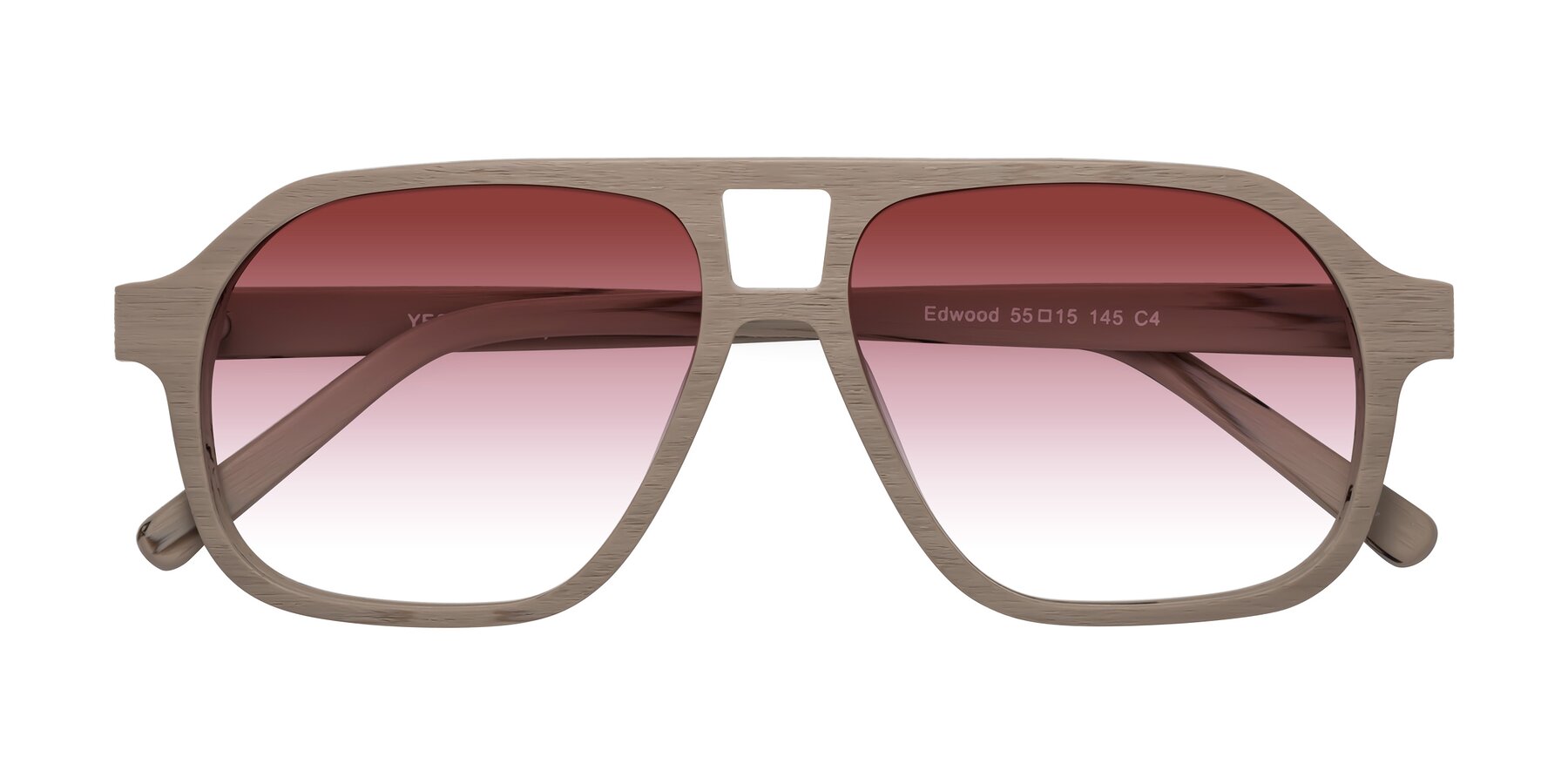 Folded Front of Edwood in Pale Mauve Woodgrain with Garnet Gradient Lenses