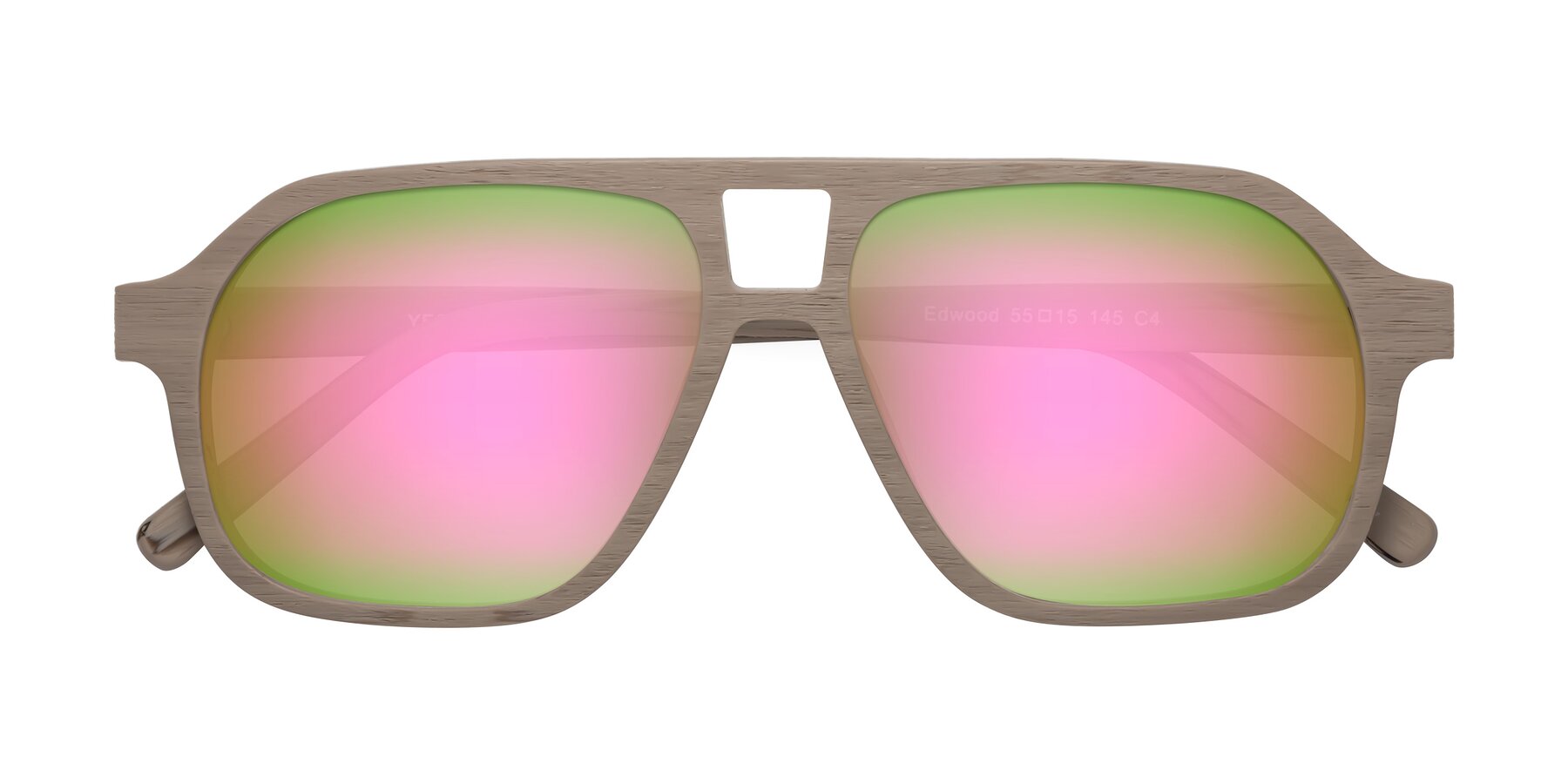 Folded Front of Edwood in Pale Mauve Woodgrain with Pink Mirrored Lenses