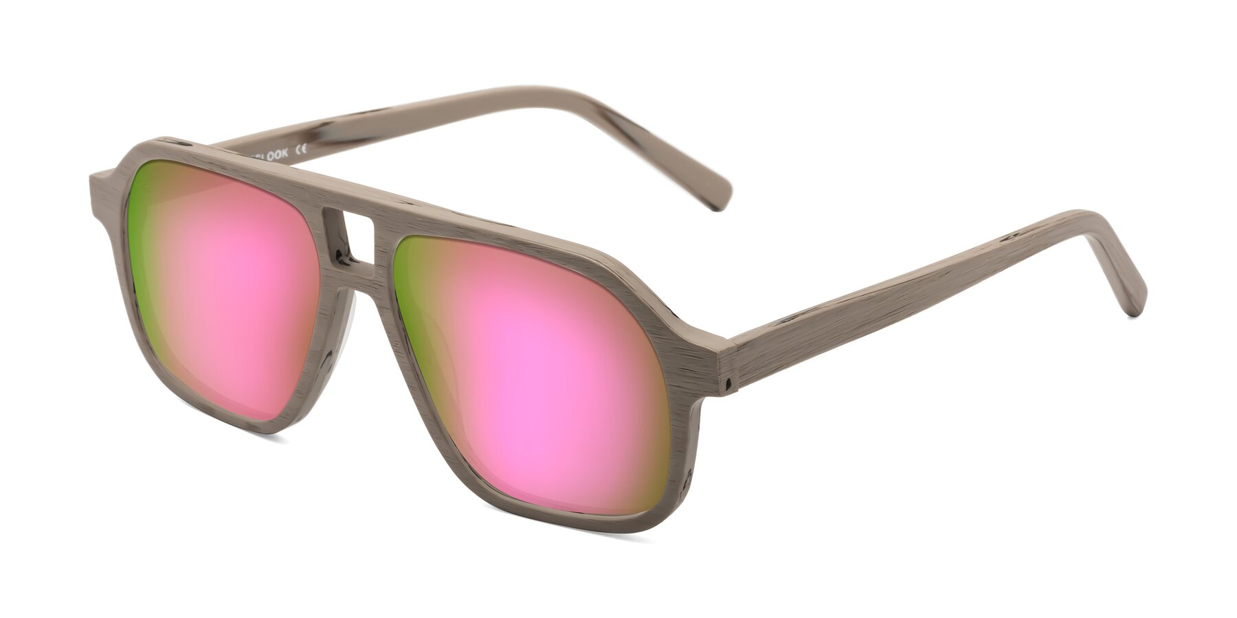 Angle of Edwood in Pale Mauve Woodgrain with Pink Mirrored Lenses