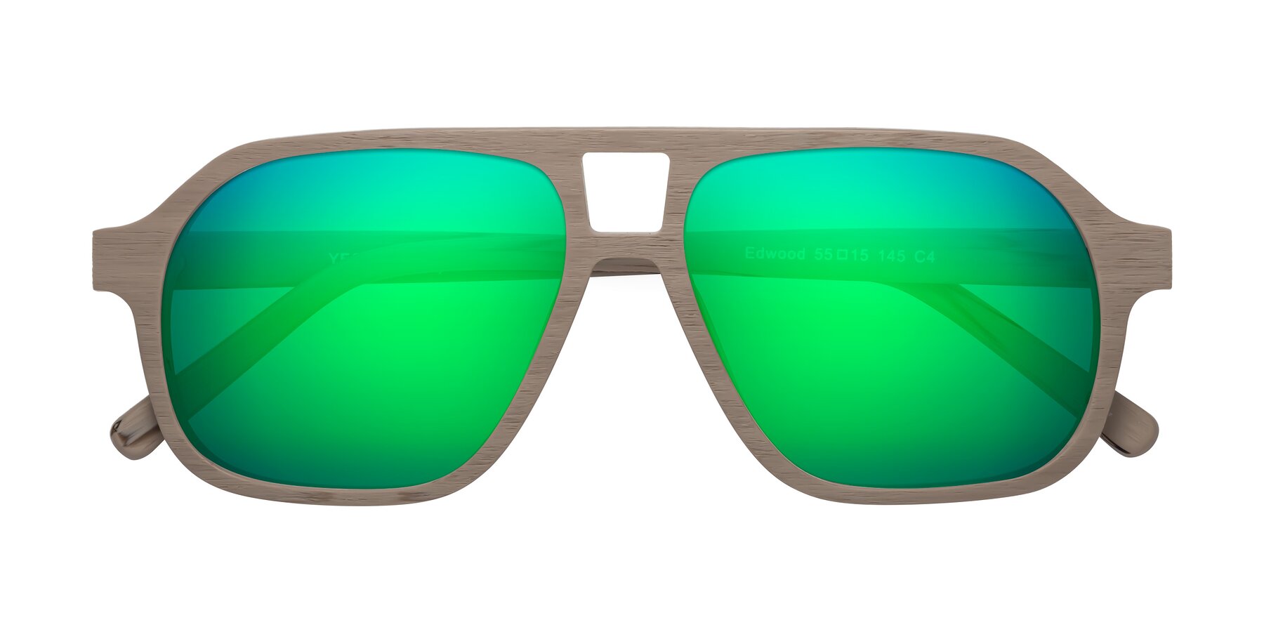 Folded Front of Edwood in Pale Mauve Woodgrain with Green Mirrored Lenses