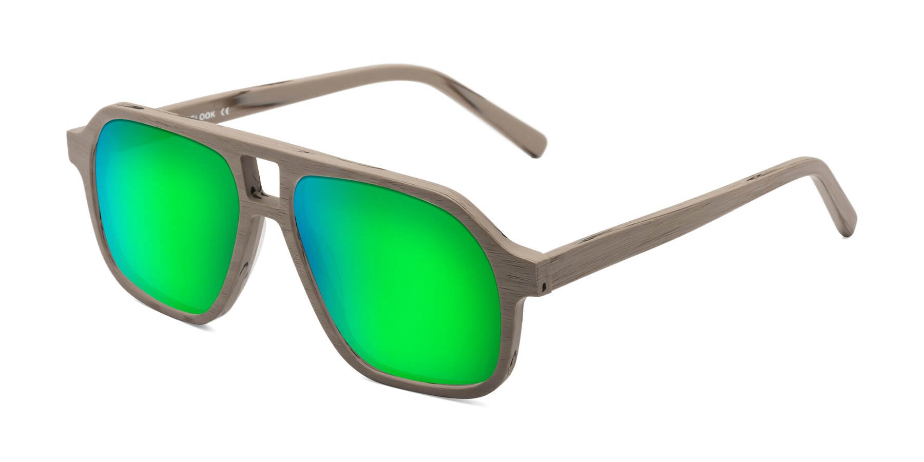 Angle of Edwood in Pale Mauve Woodgrain with Green Mirrored Lenses