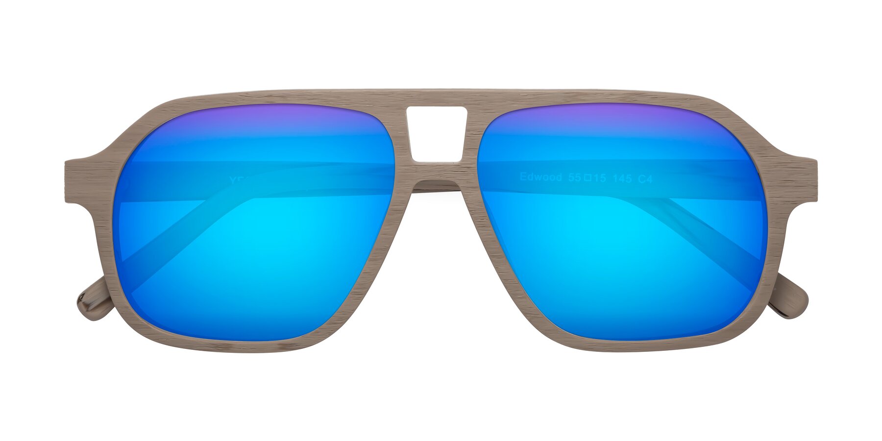 Folded Front of Edwood in Pale Mauve Woodgrain with Blue Mirrored Lenses