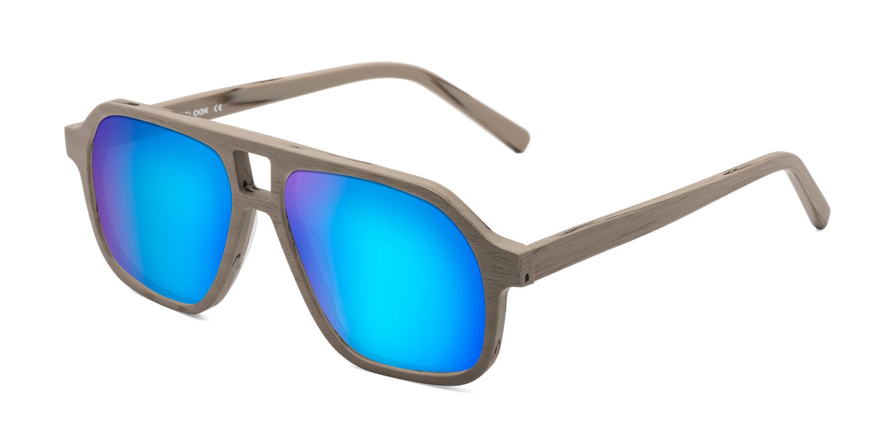 Angle of Edwood in Pale Mauve Woodgrain with Blue Mirrored Lenses