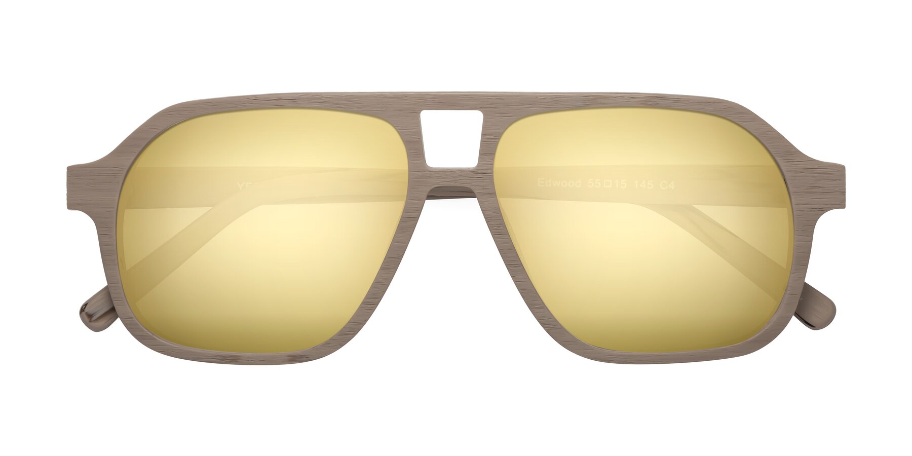 Folded Front of Edwood in Pale Mauve Woodgrain with Gold Mirrored Lenses