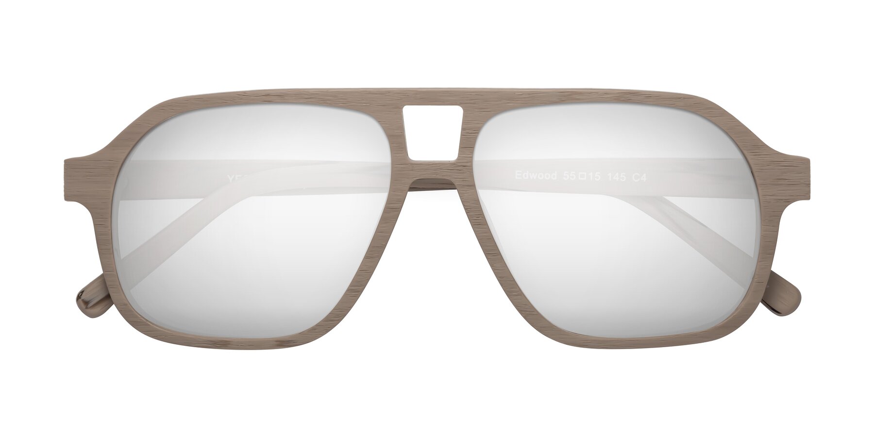 Folded Front of Edwood in Pale Mauve Woodgrain with Silver Mirrored Lenses