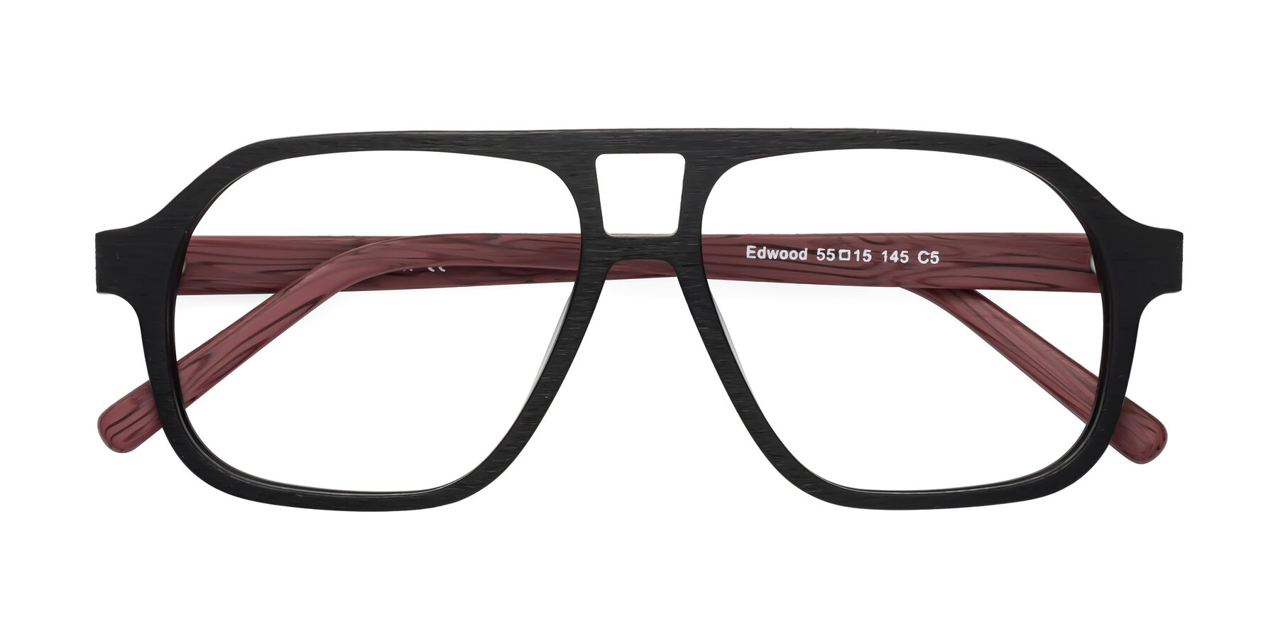 Folded Front of Edwood in Black-Burgundy Woodgrain with Clear Eyeglass Lenses