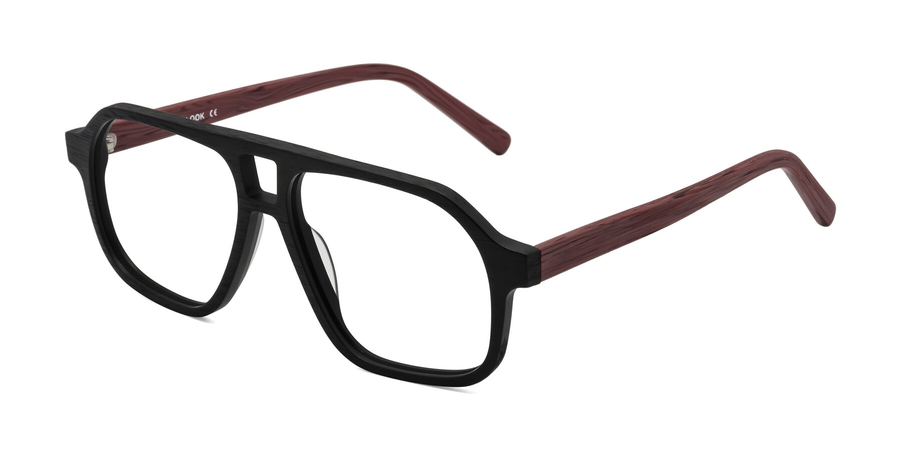 Angle of Edwood in Black-Burgundy Woodgrain with Clear Eyeglass Lenses