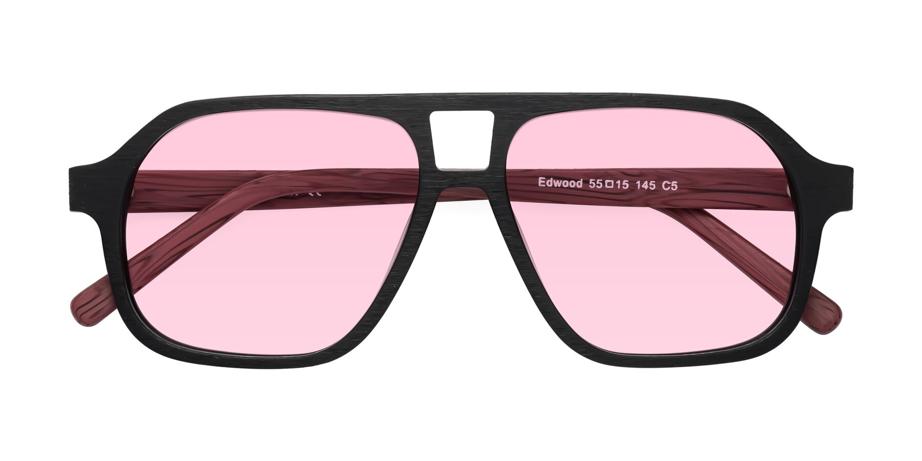 Folded Front of Edwood in Black-Burgundy Woodgrain with Light Pink Tinted Lenses