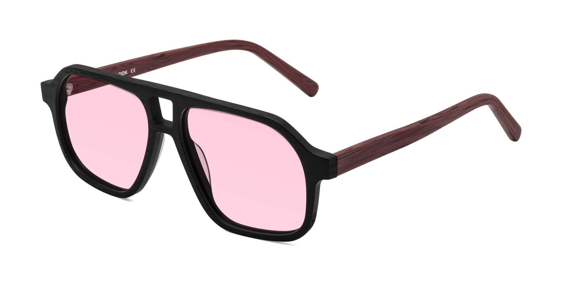 Angle of Edwood in Black-Burgundy Woodgrain with Light Pink Tinted Lenses