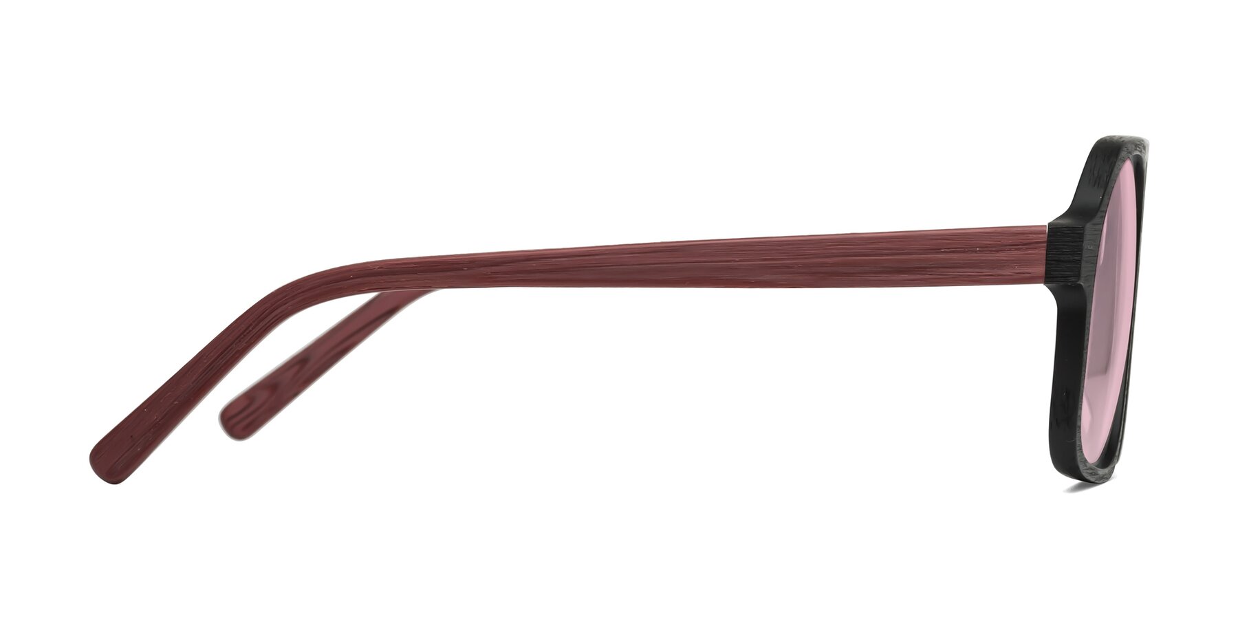 Side of Edwood in Black-Burgundy Woodgrain with Light Pink Tinted Lenses